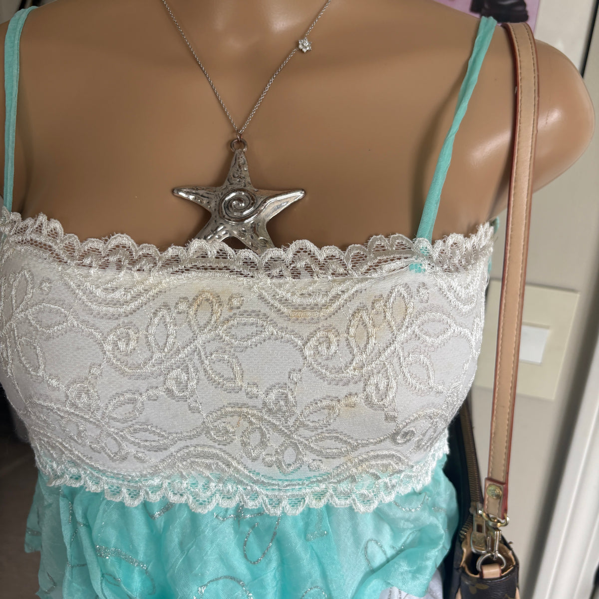 00s white & teal ruffle cami top (size M)
