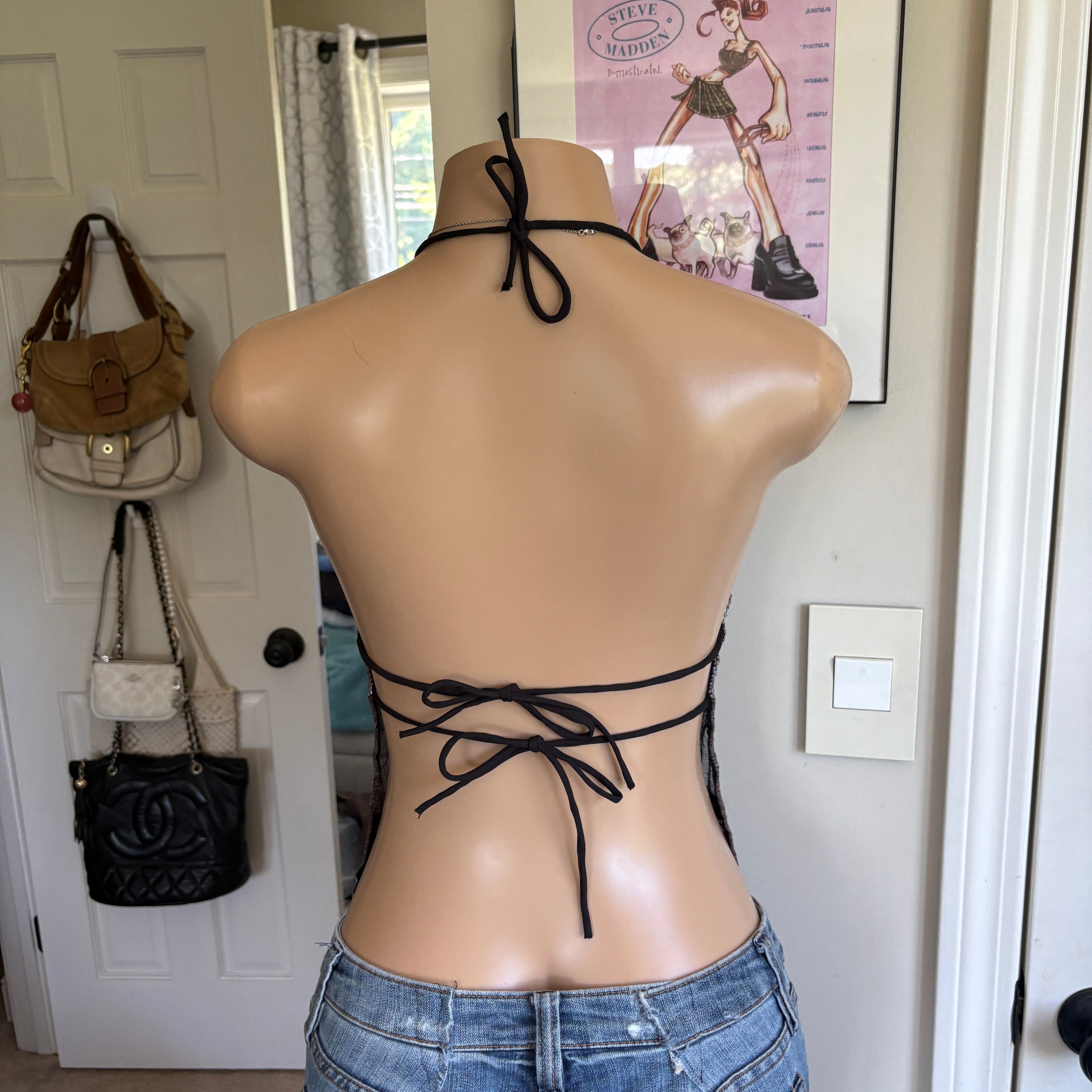 00s black & orange beaded halter top (size S)