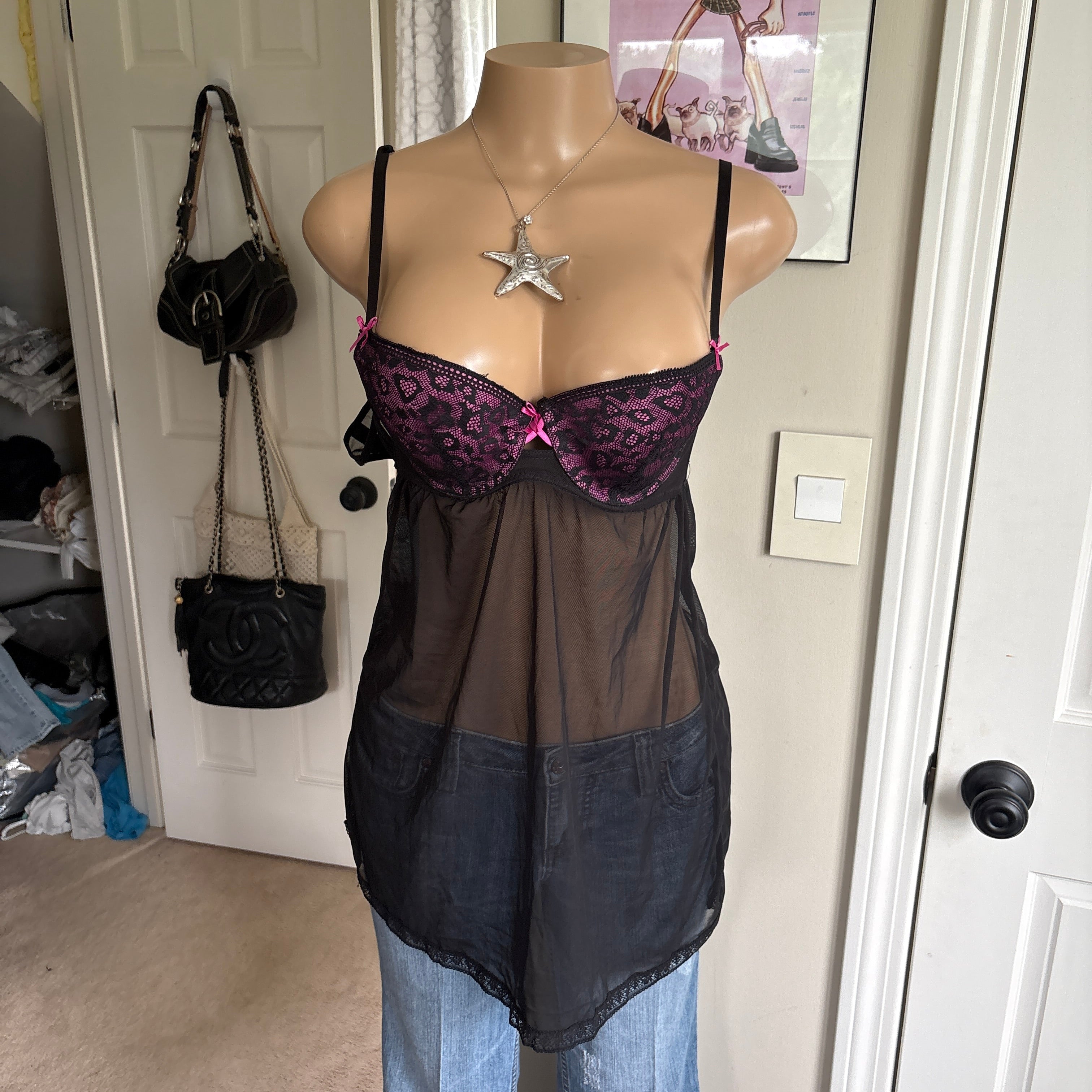 00s black & pink leopard bustier lingerie top & thong set (size L)
