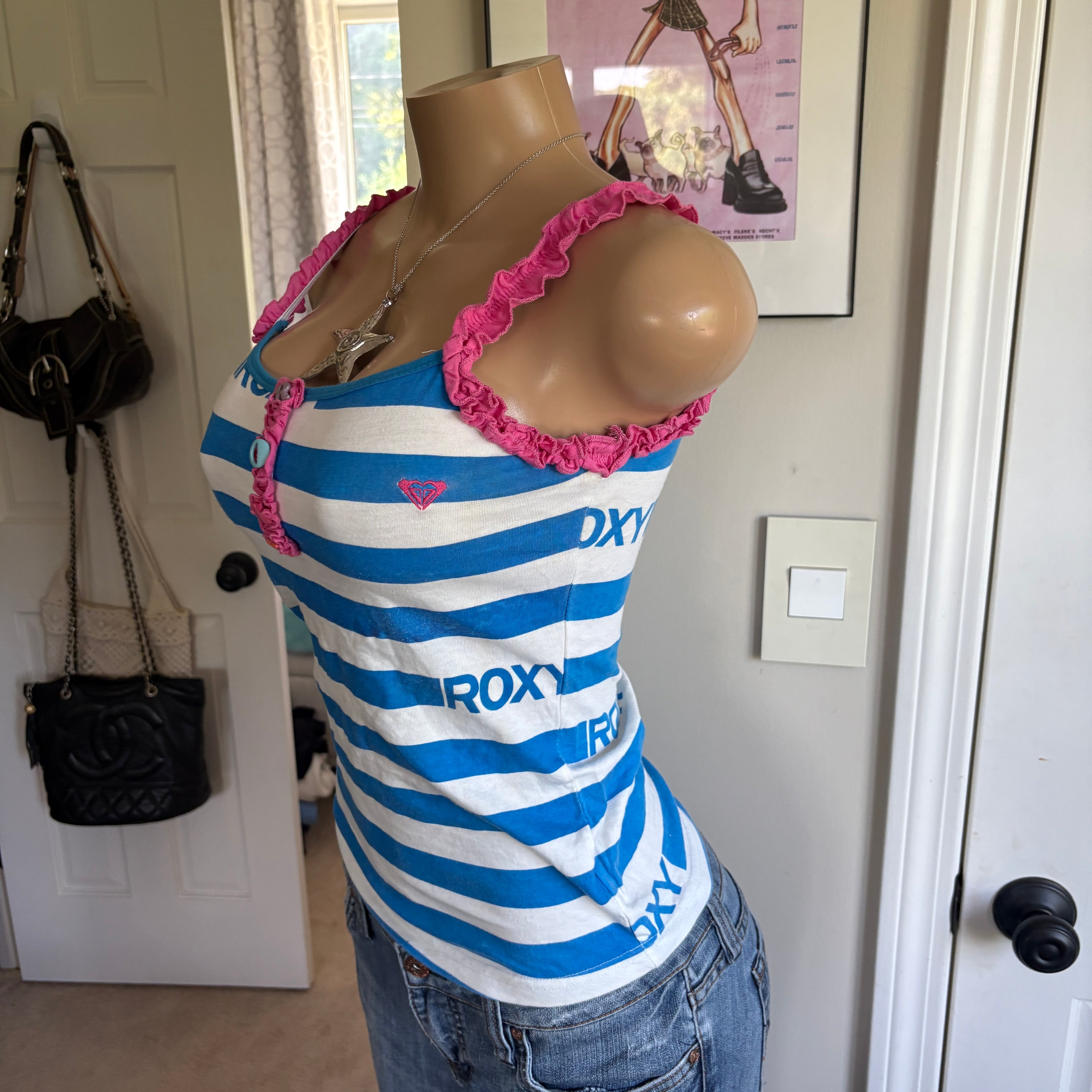 00s Roxy blue & white striped tank top (size XS)