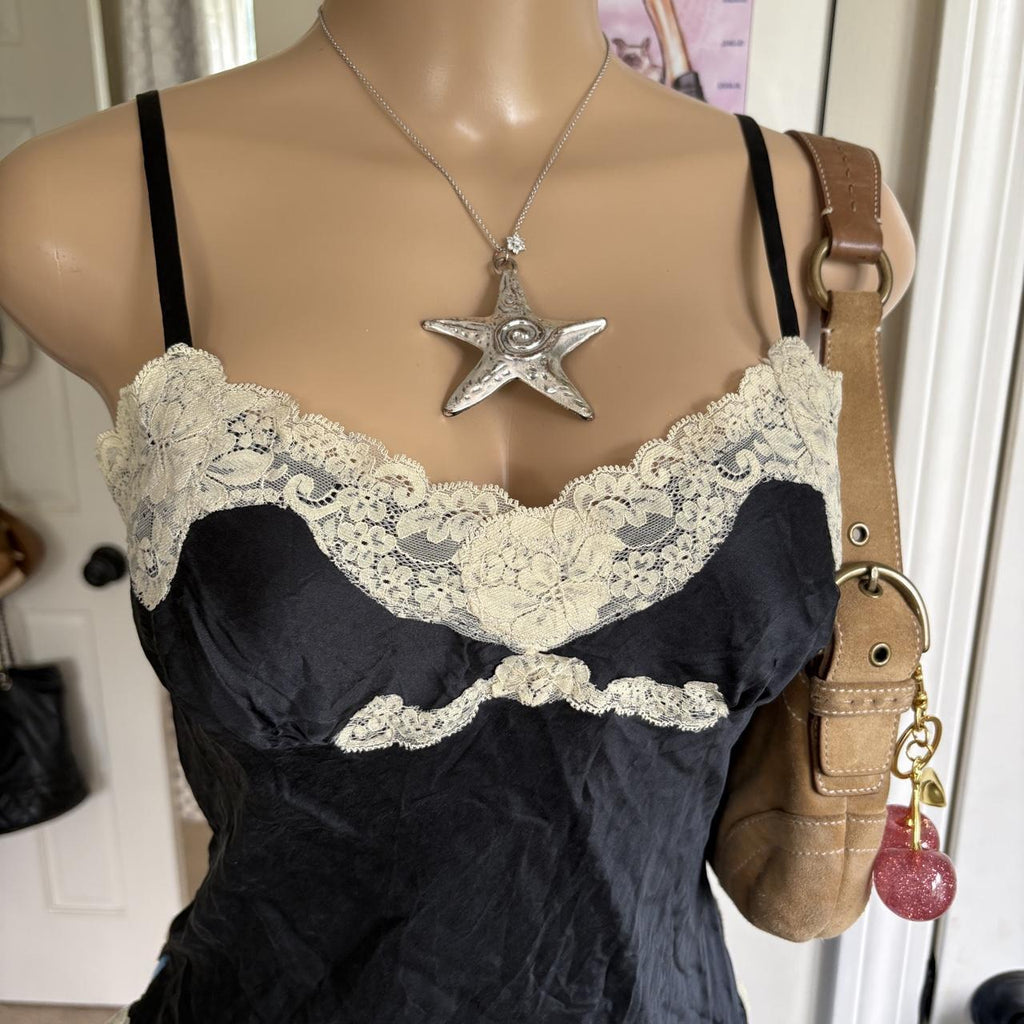y2k 2000s Express silk black cream lace  cami top