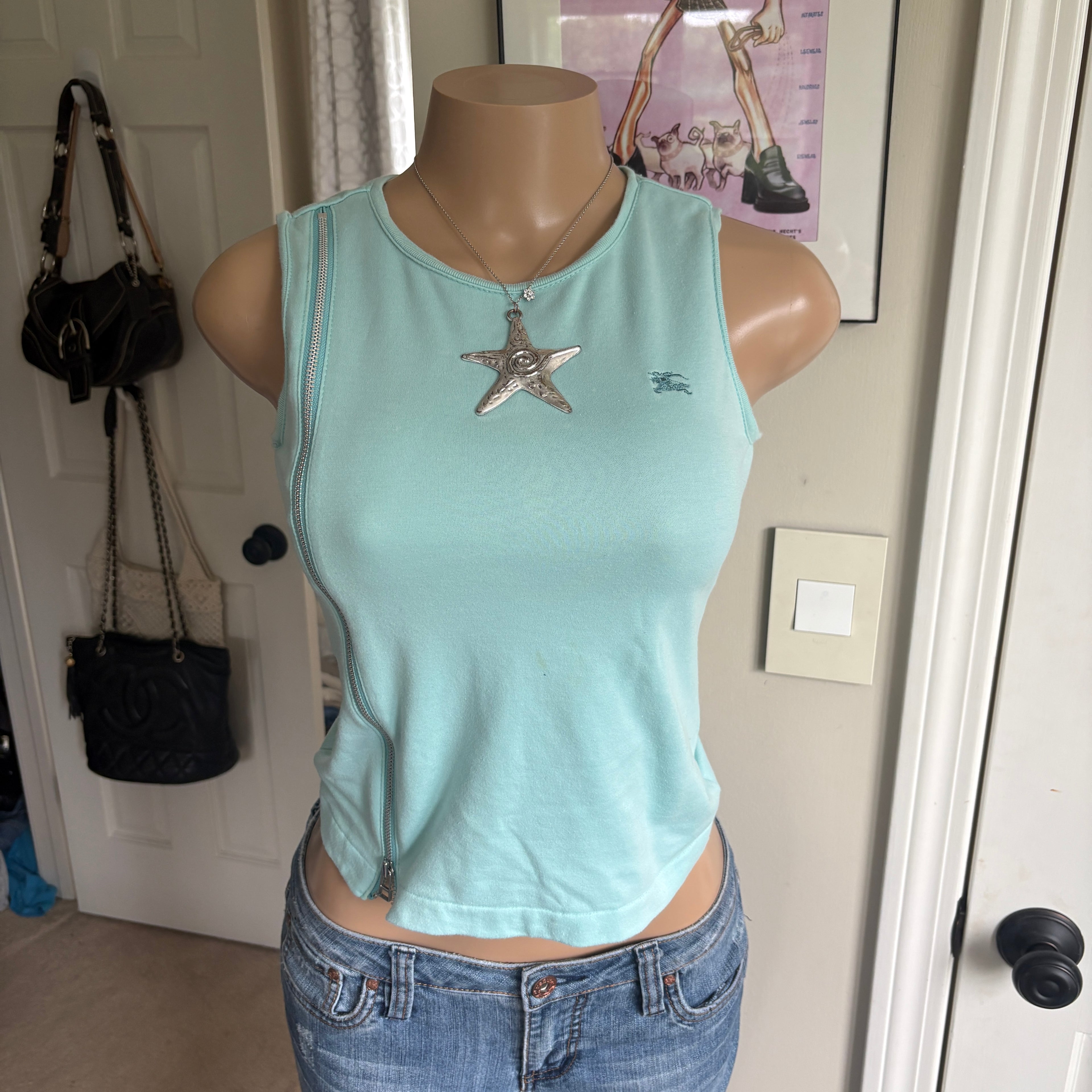 00s Burberry baby blue zipper tank top (size M)