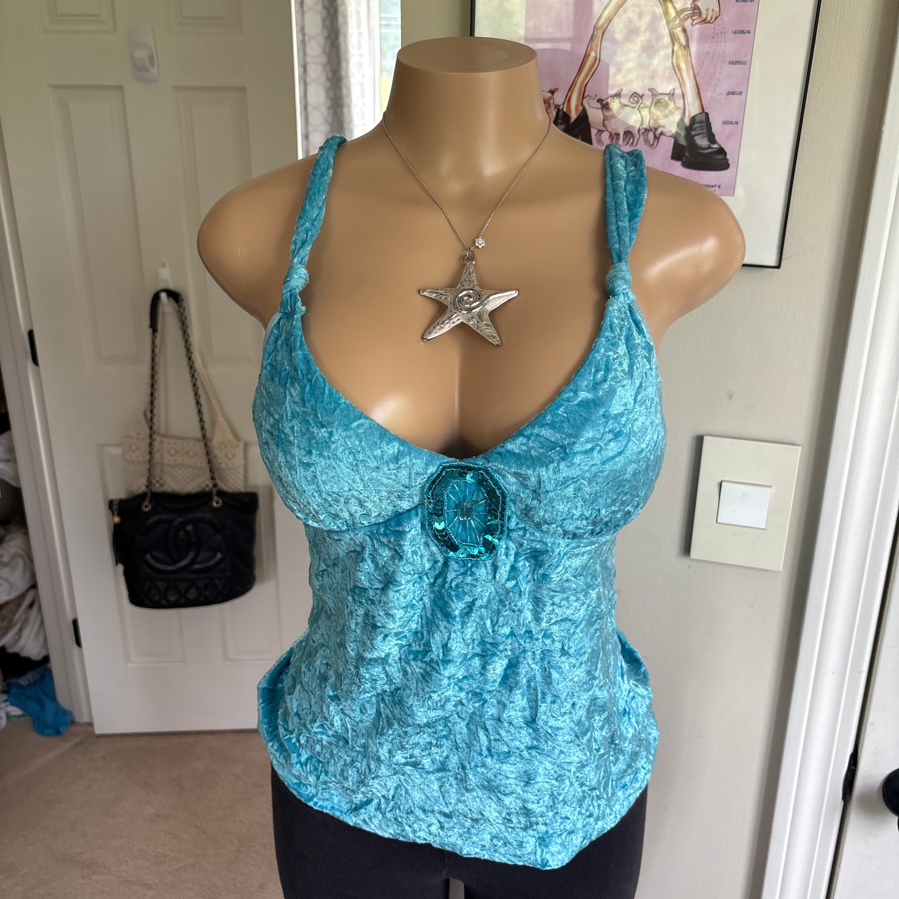 00s Bongo blue velour sequin emblem cami top (size M)