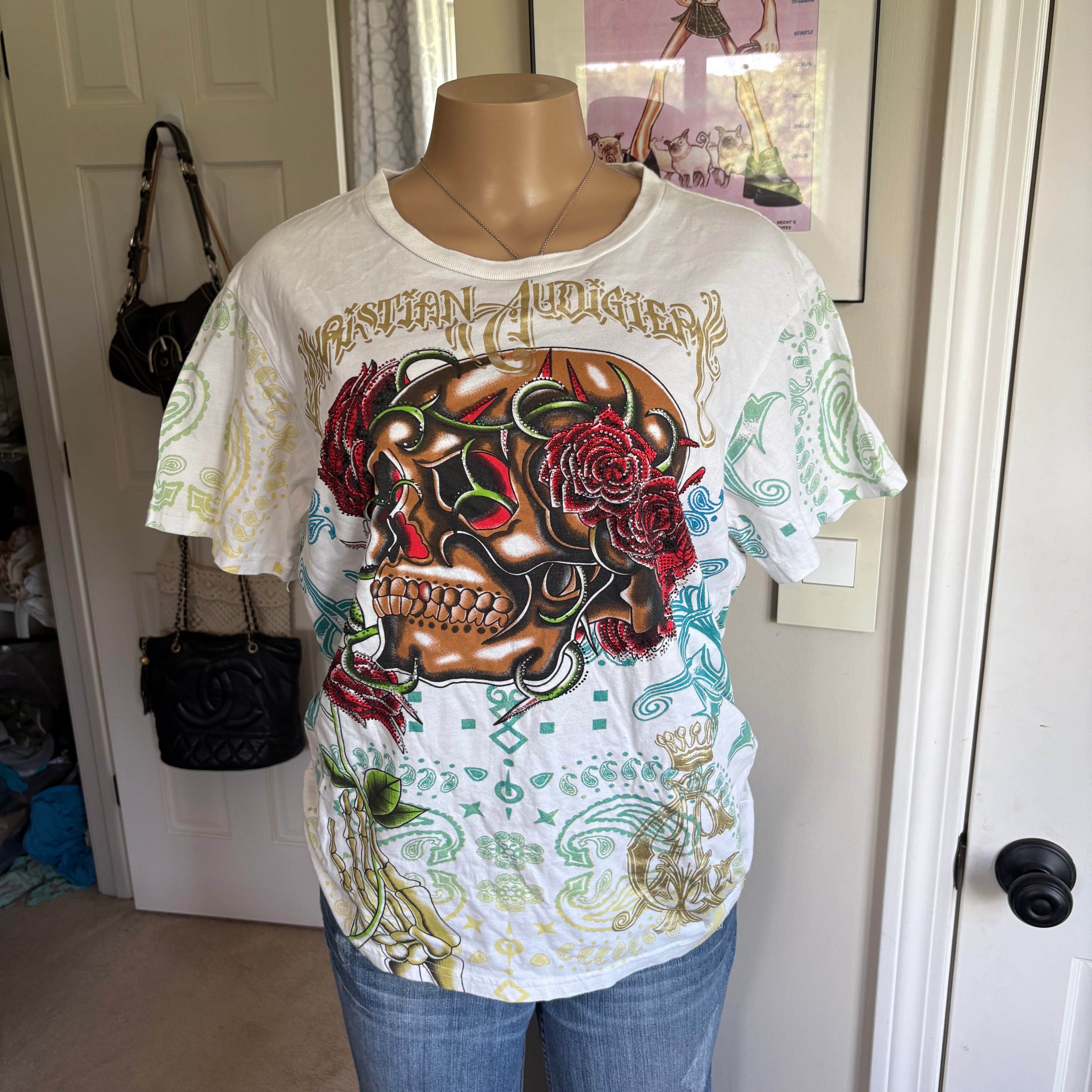 00s Christian Audigier skull spellout t shirt (size L)