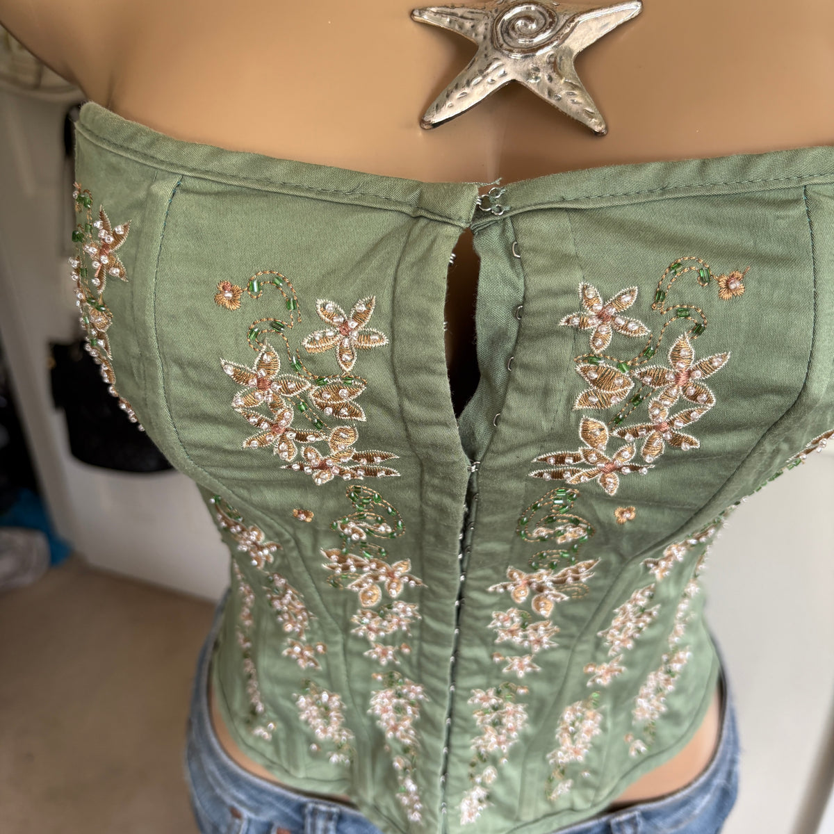00s sage green & pink floral beaded corset top (size S)