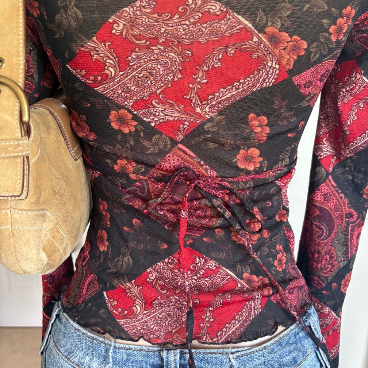 00s red floral tie back long sleeve (size S)