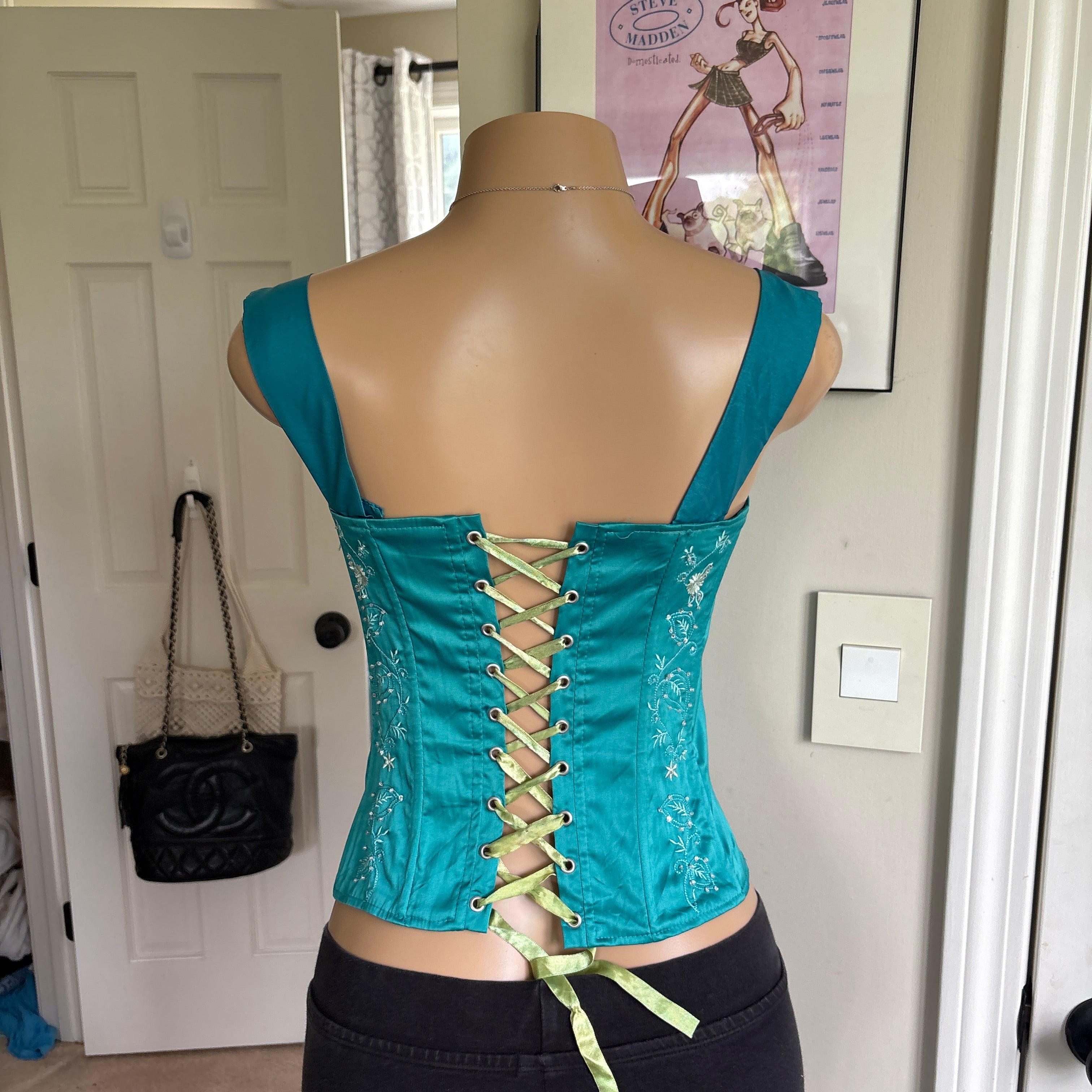 00s turquoise floral embroidered corset tank top (size S)