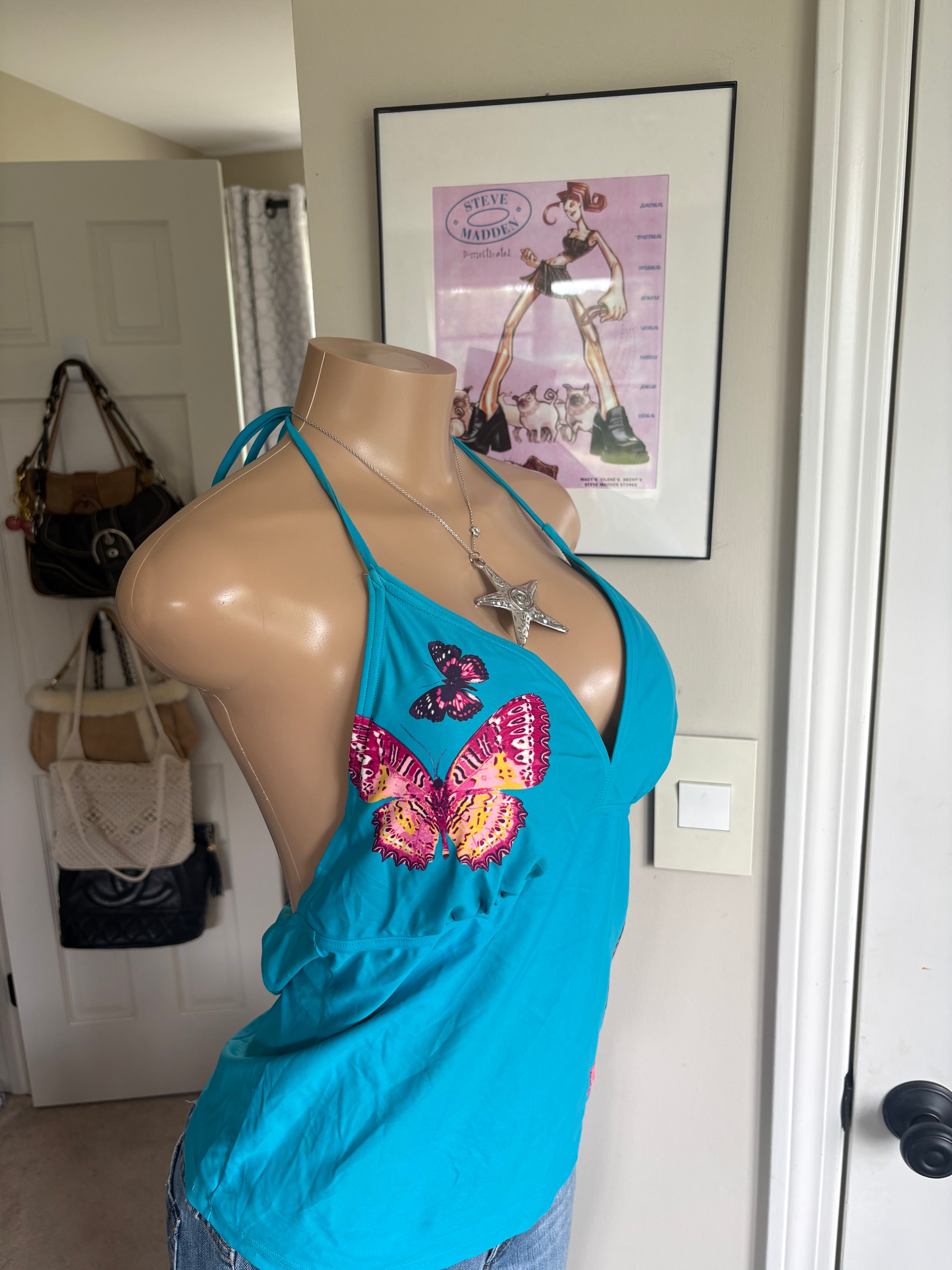 00s blue butterfly halter top (size M)
