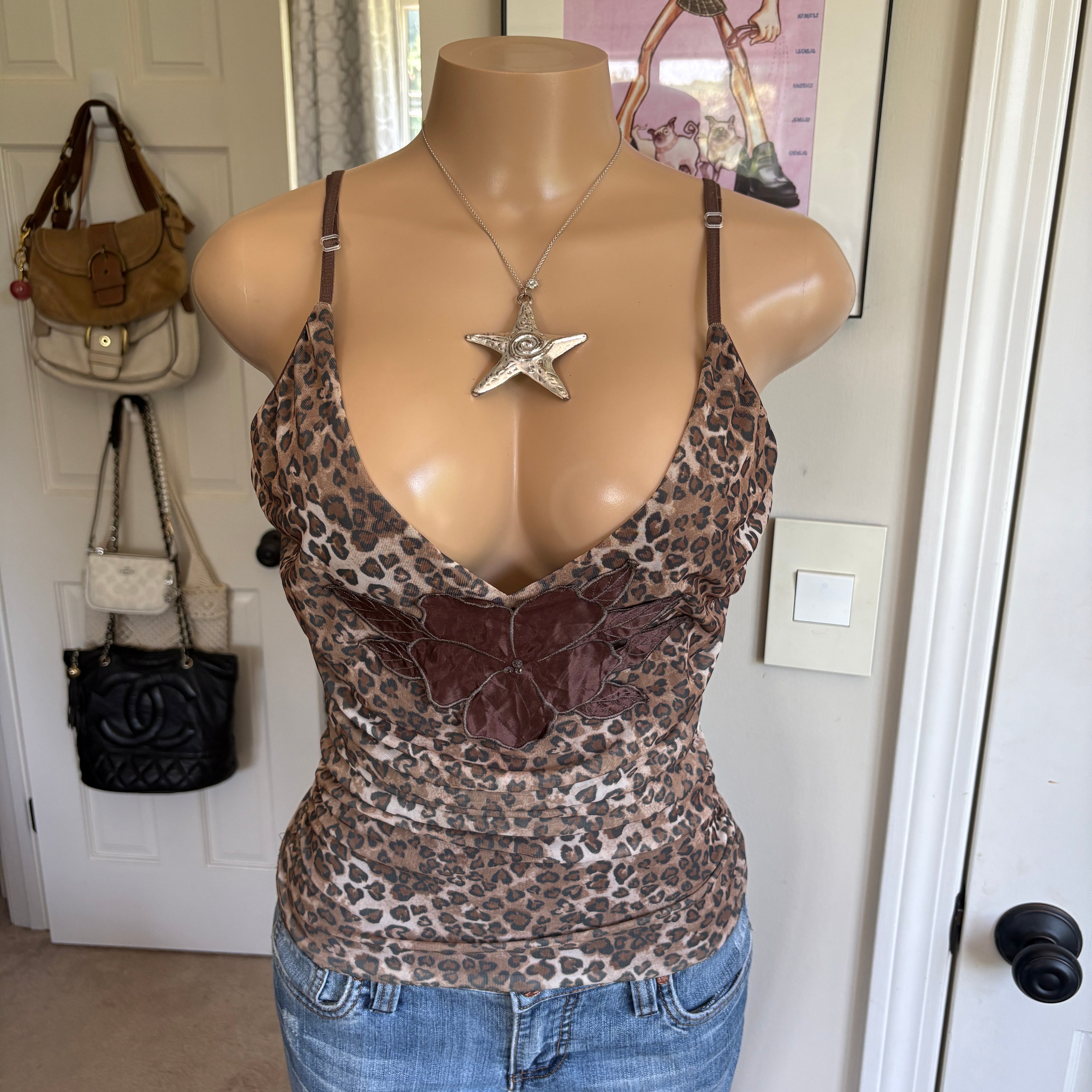 00s leopard print floral v neck cami (size M)