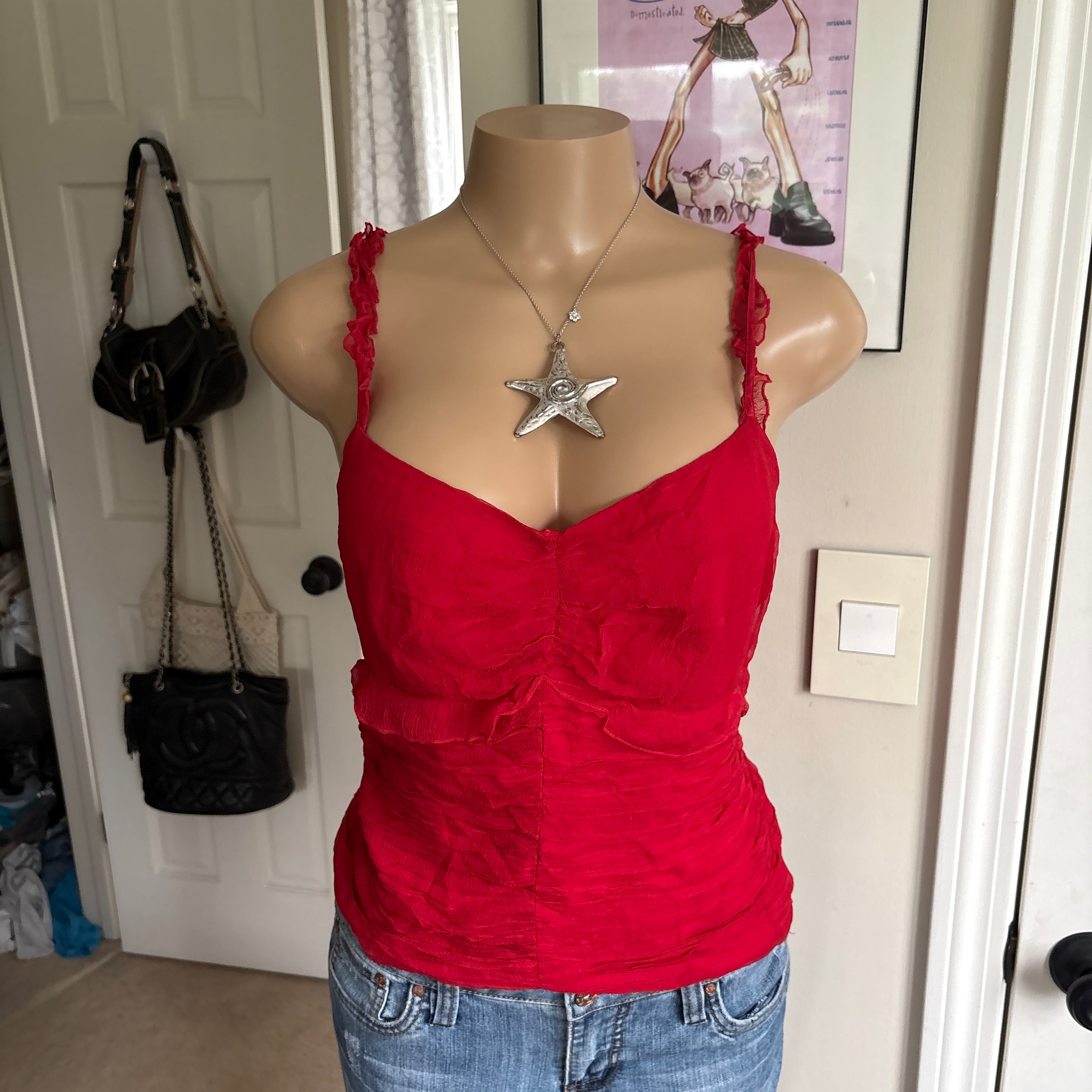 00s red silk cami tank top (size M)