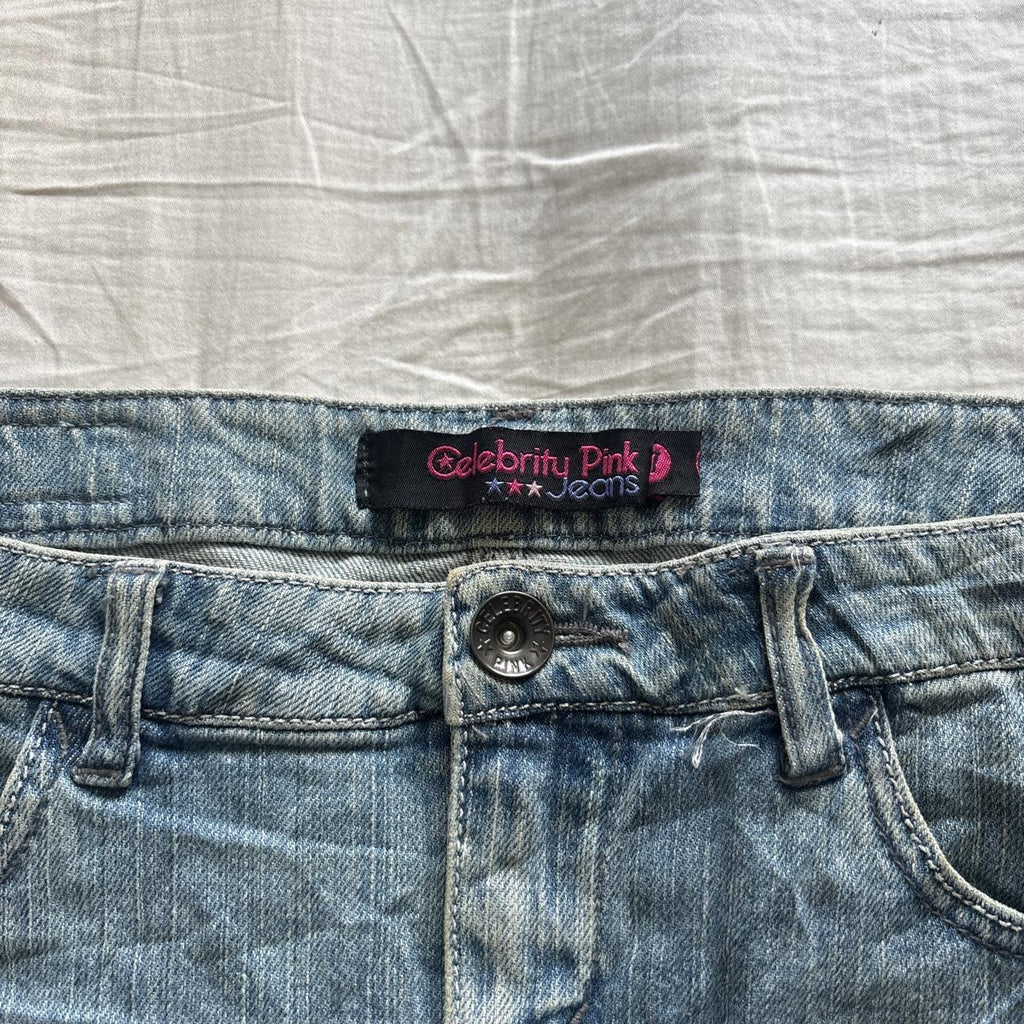 Y2K 2000s Celebrity Pink Studded Denim Mini Skirt