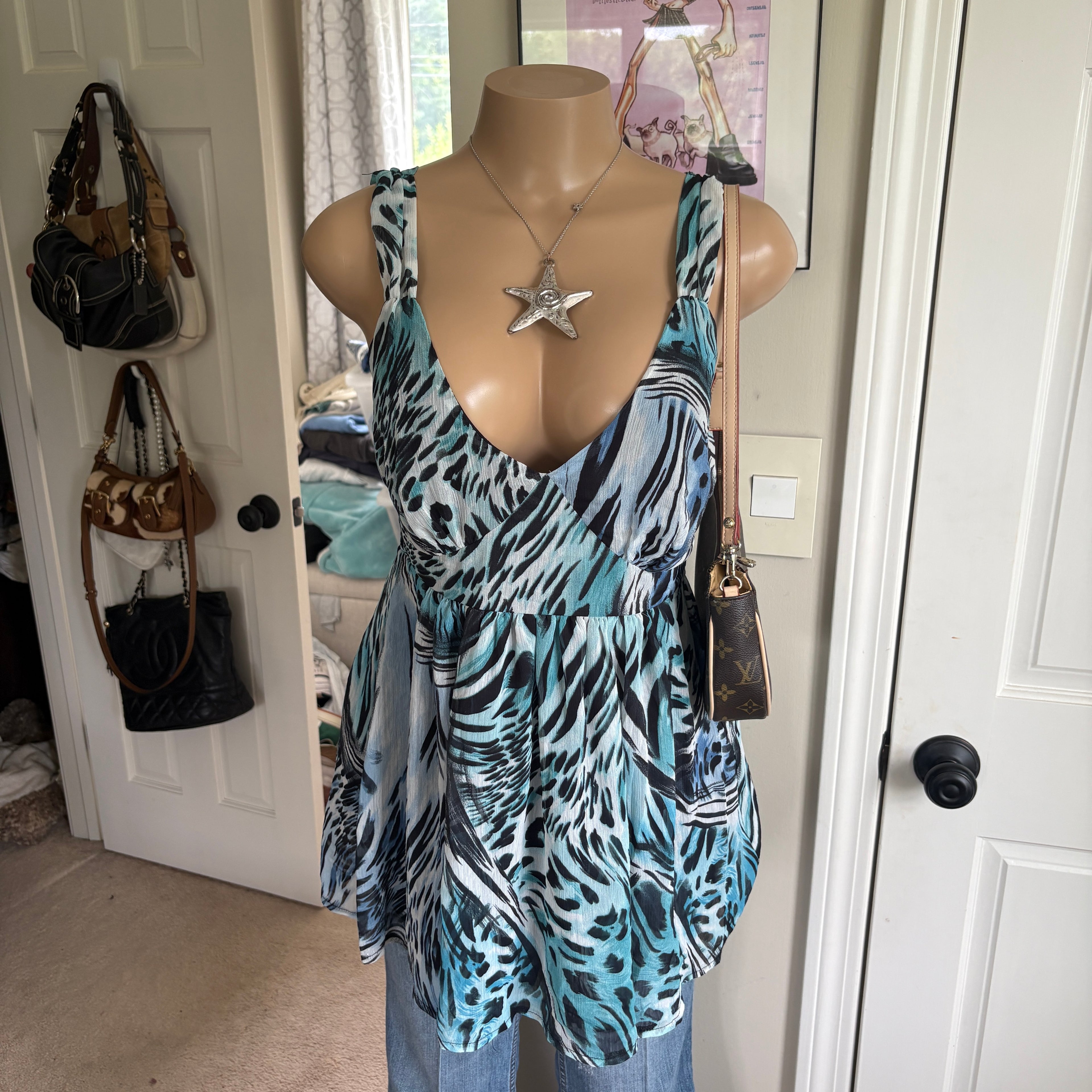 00s blue leopard print dress (size L)