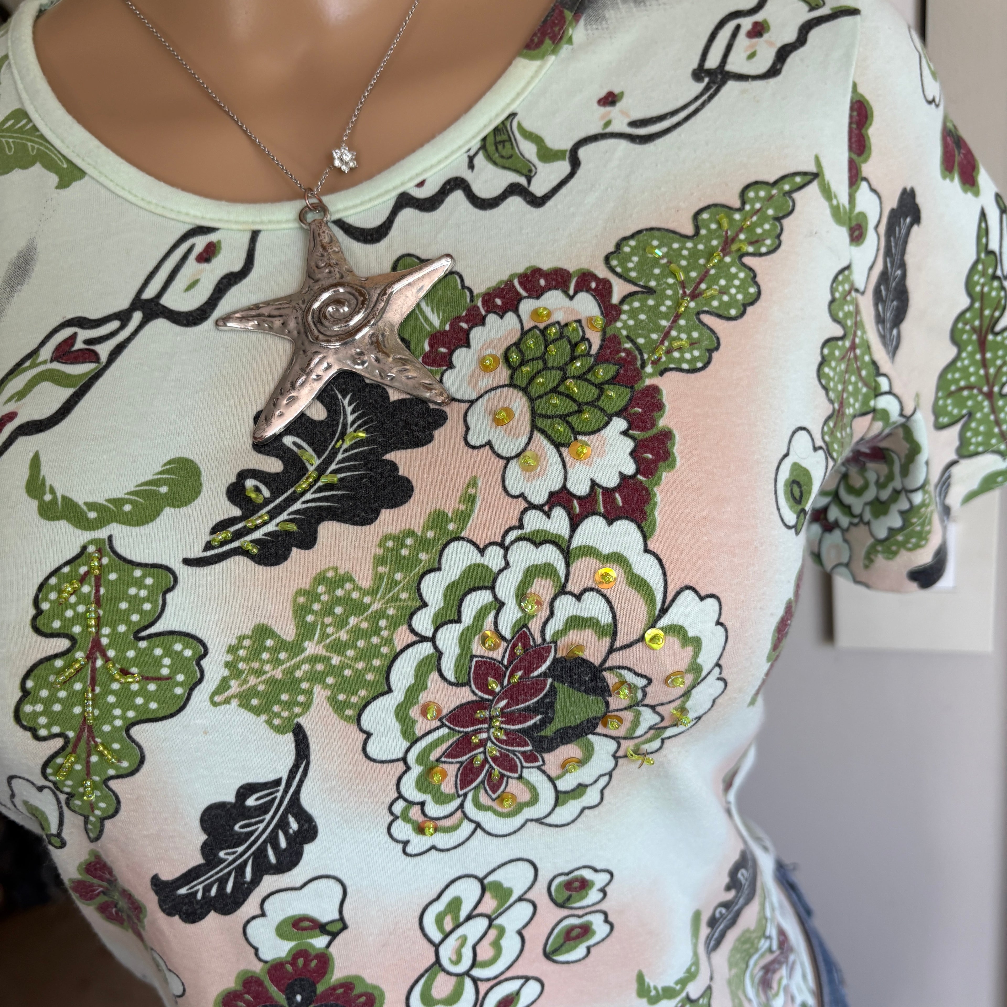 00s Miss Sixty floral sequin short sleeve top (size M)