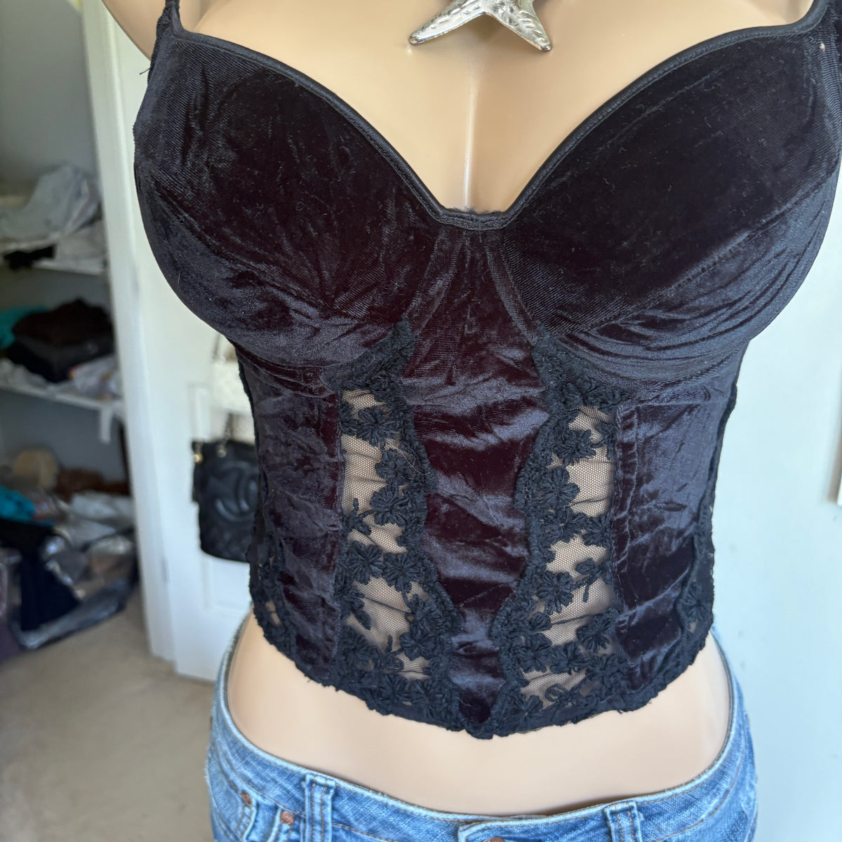 00s black velvet floral corset cami top (size 34B)