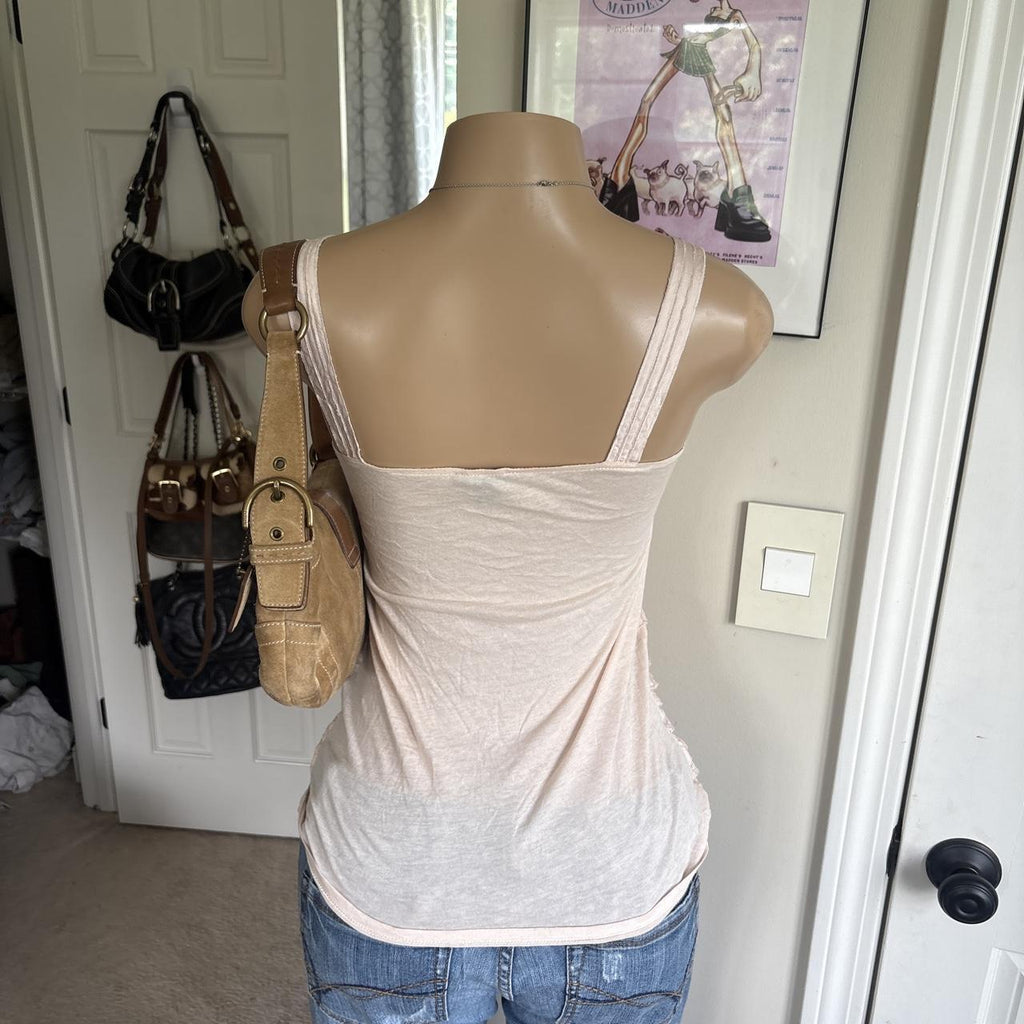 y2k 2000s express blush pink tiered lace ruffle tank top
