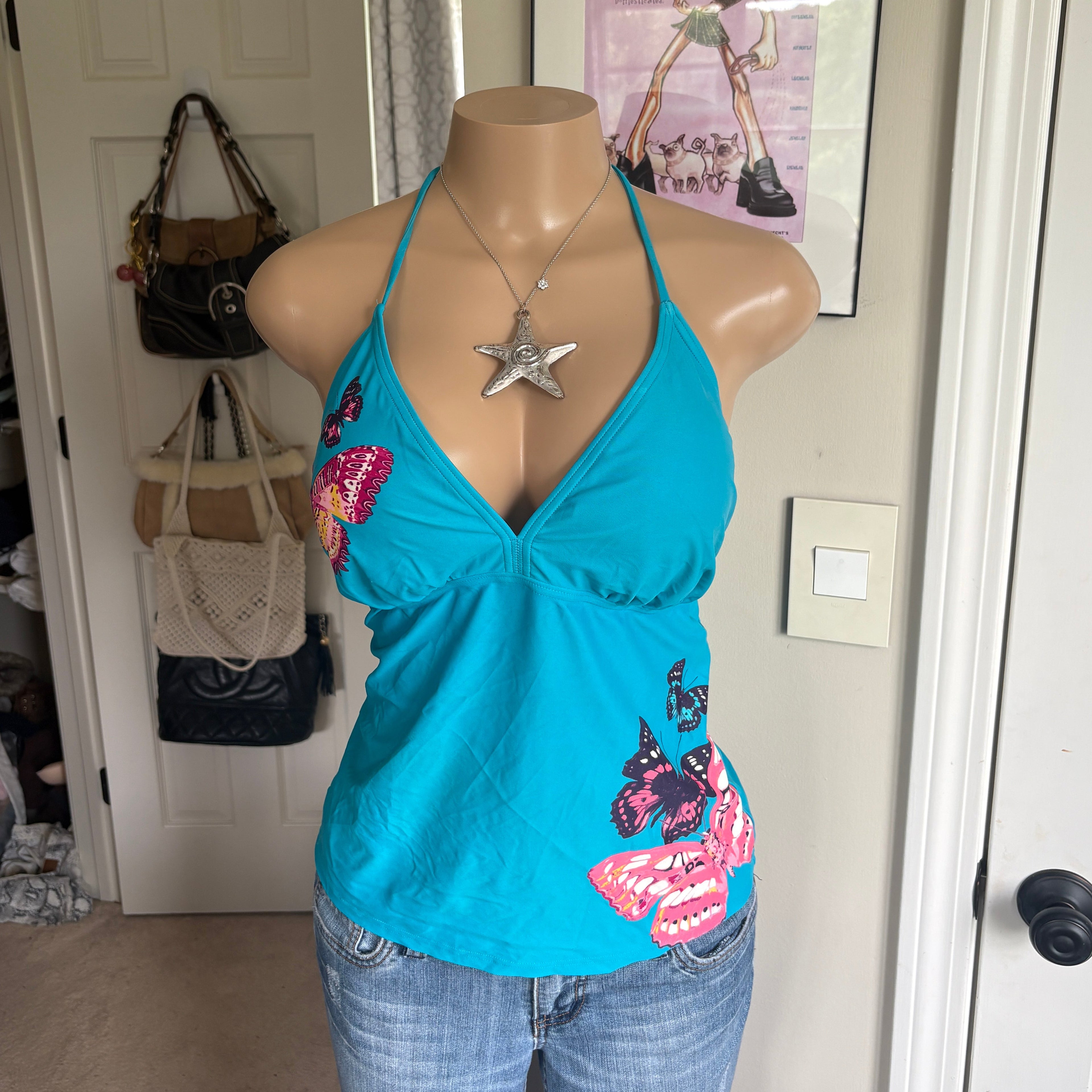 00s blue butterfly halter top (size M)