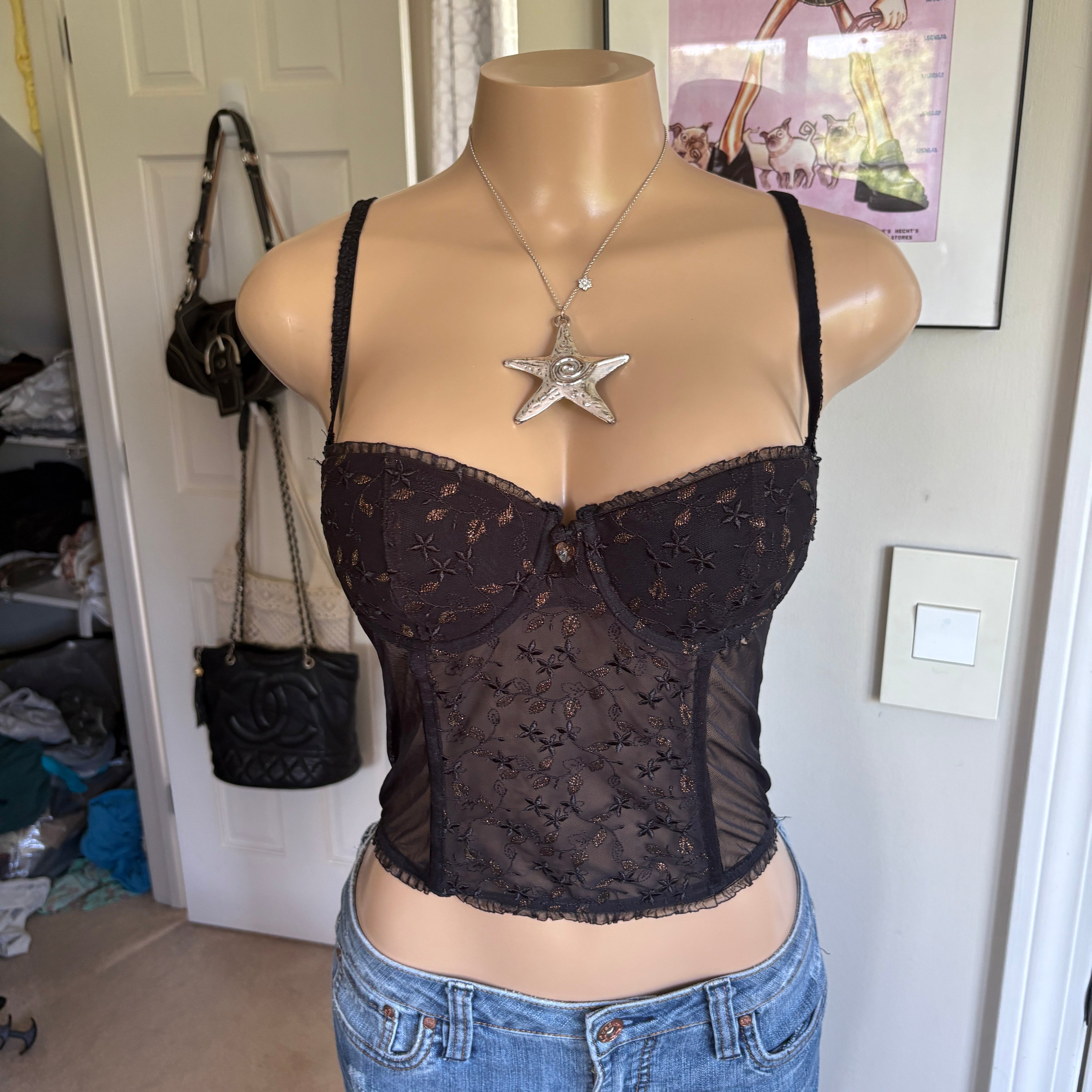 00s black floral corset bustier top (size M)