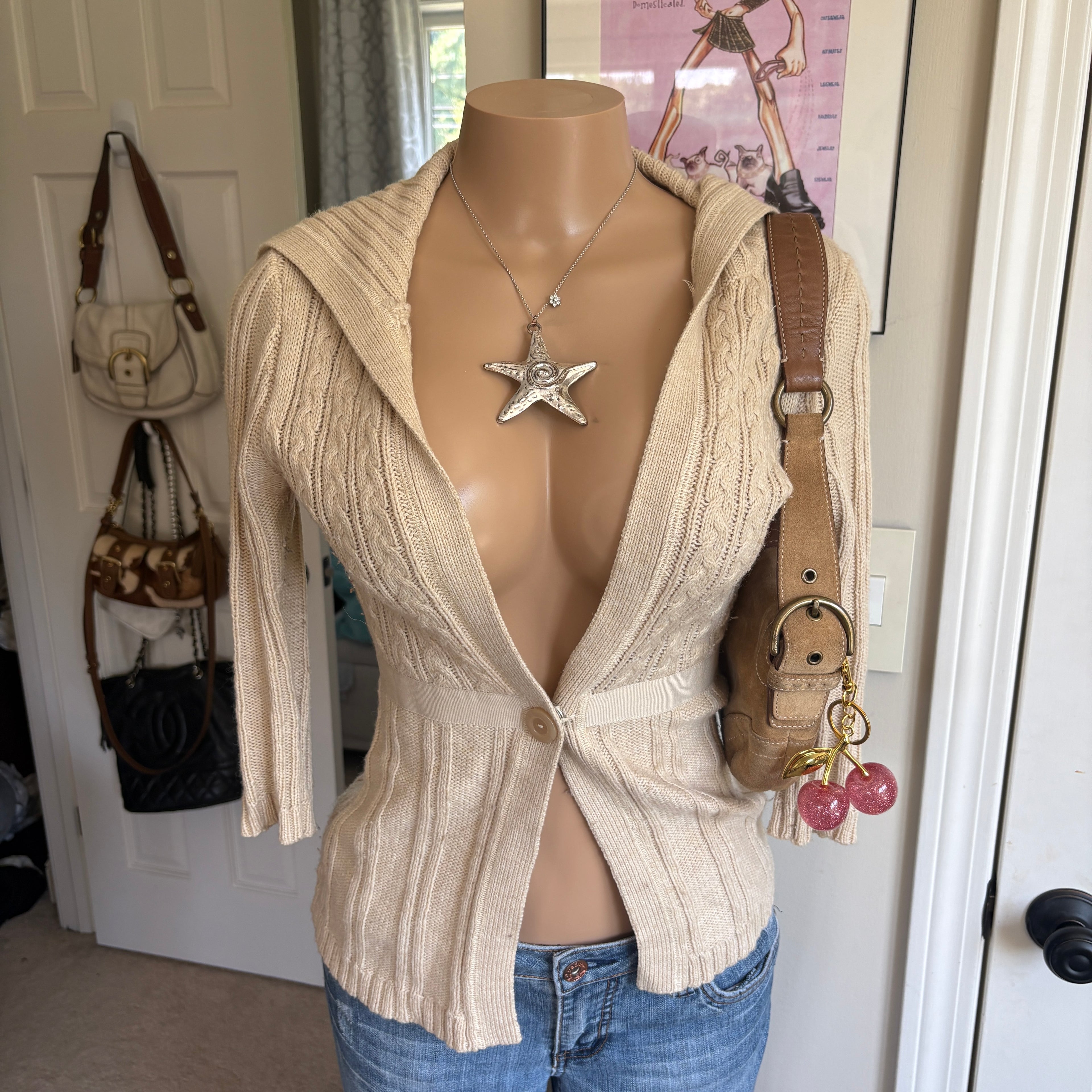 00s So cream cable knit button tie back babydoll sweater (size S)