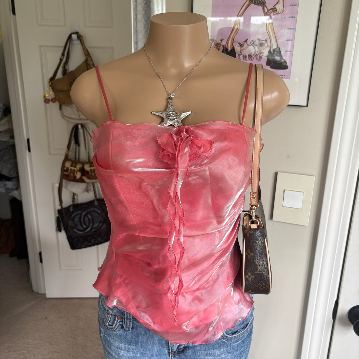 00s pink satin corset lace back cami (size S/M)