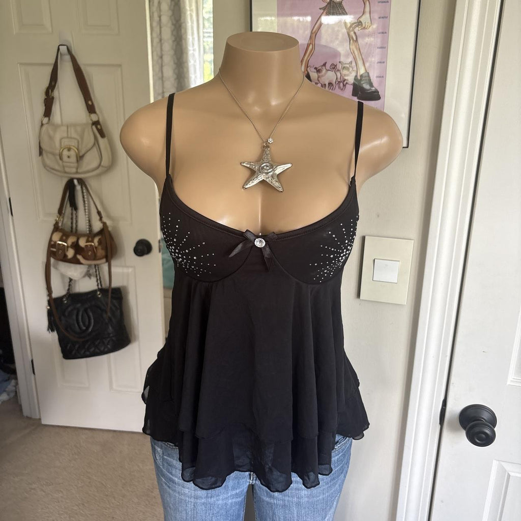 y2k 2000s black rhinestone babydoll chiffon camisole top