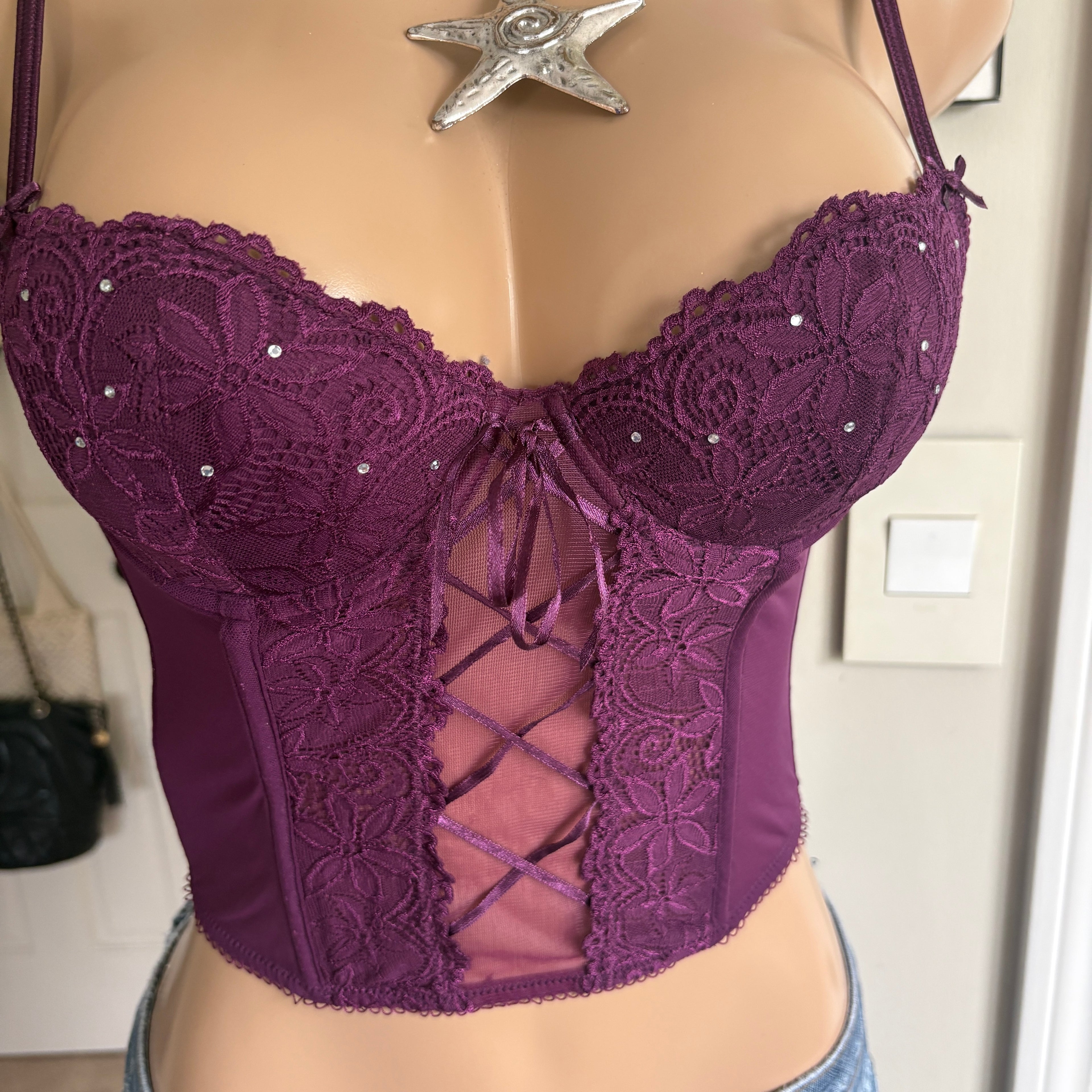 00s purple floral lace up bustier corset top (size 34A)