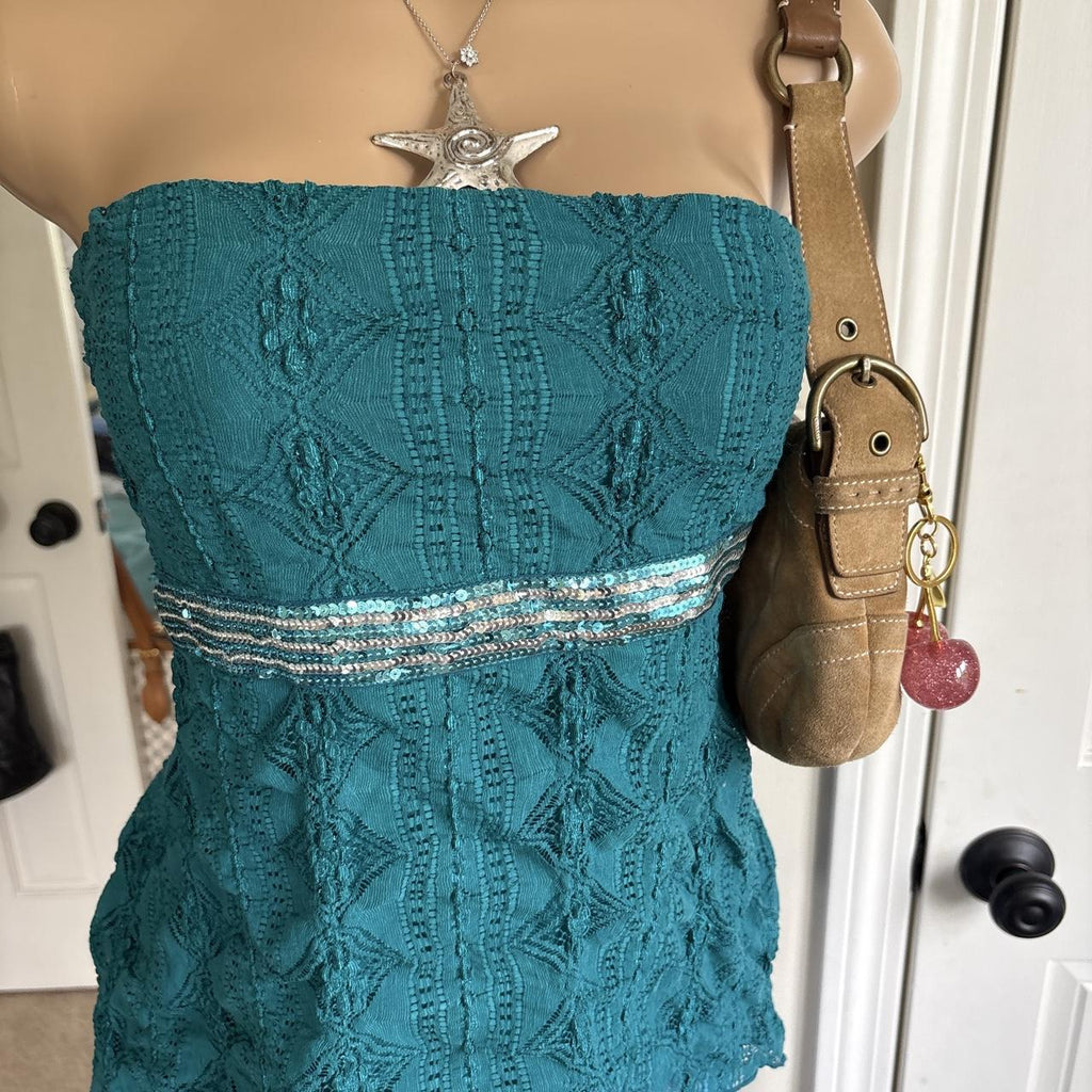y2k 2000s Charlotte Russe teal lace sequin strapless tie back top