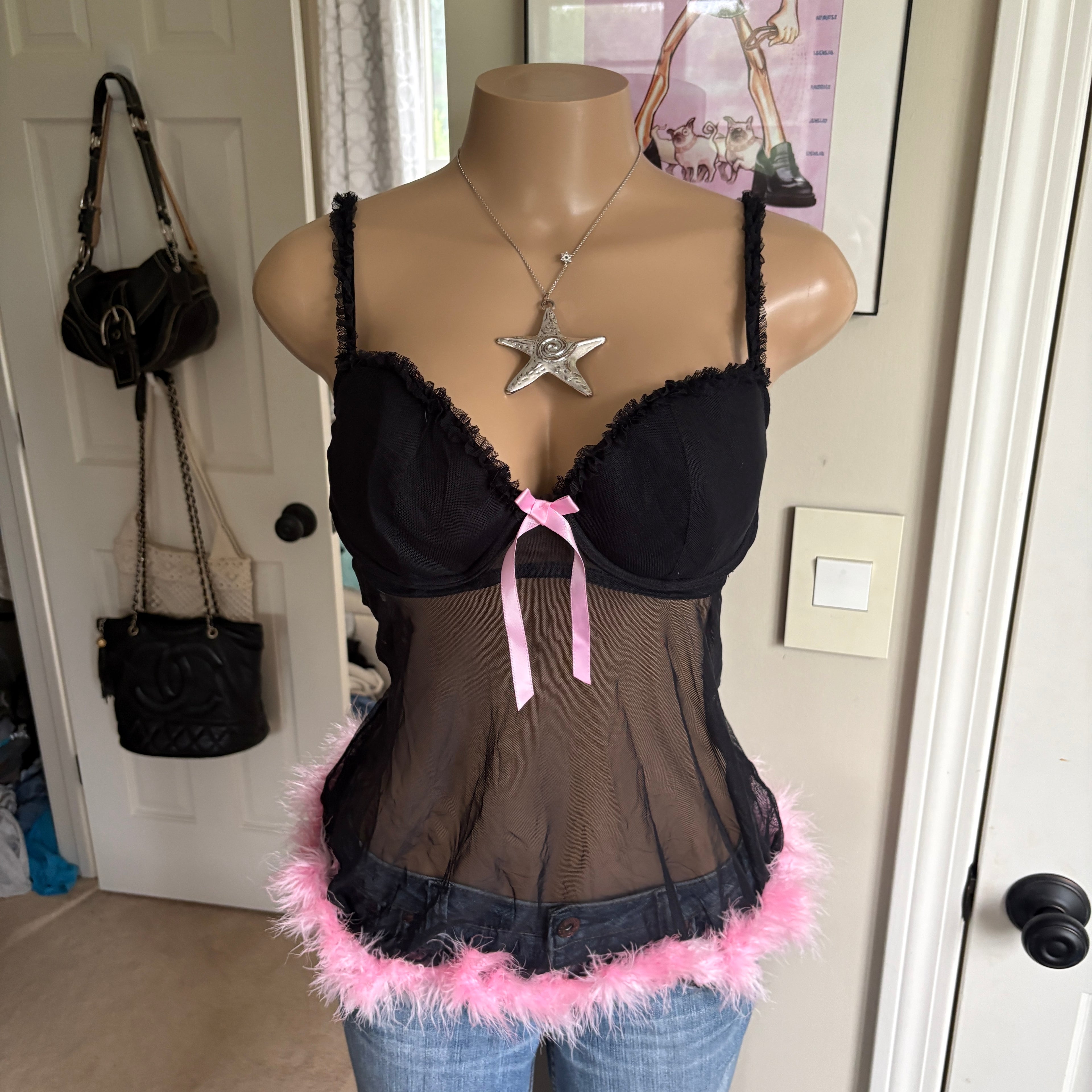 00s black & pink feather bustier cami (size L)