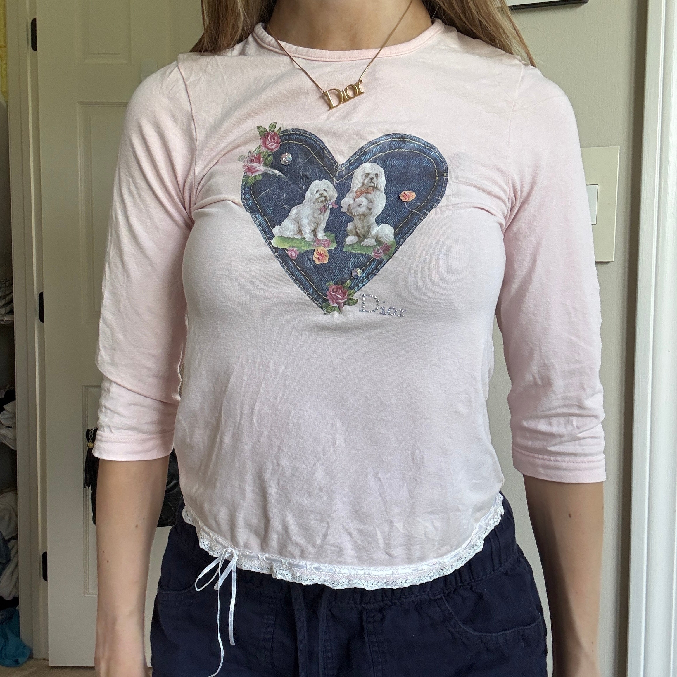 00s Christian Dior baby pink maltese dogs top (size XS)