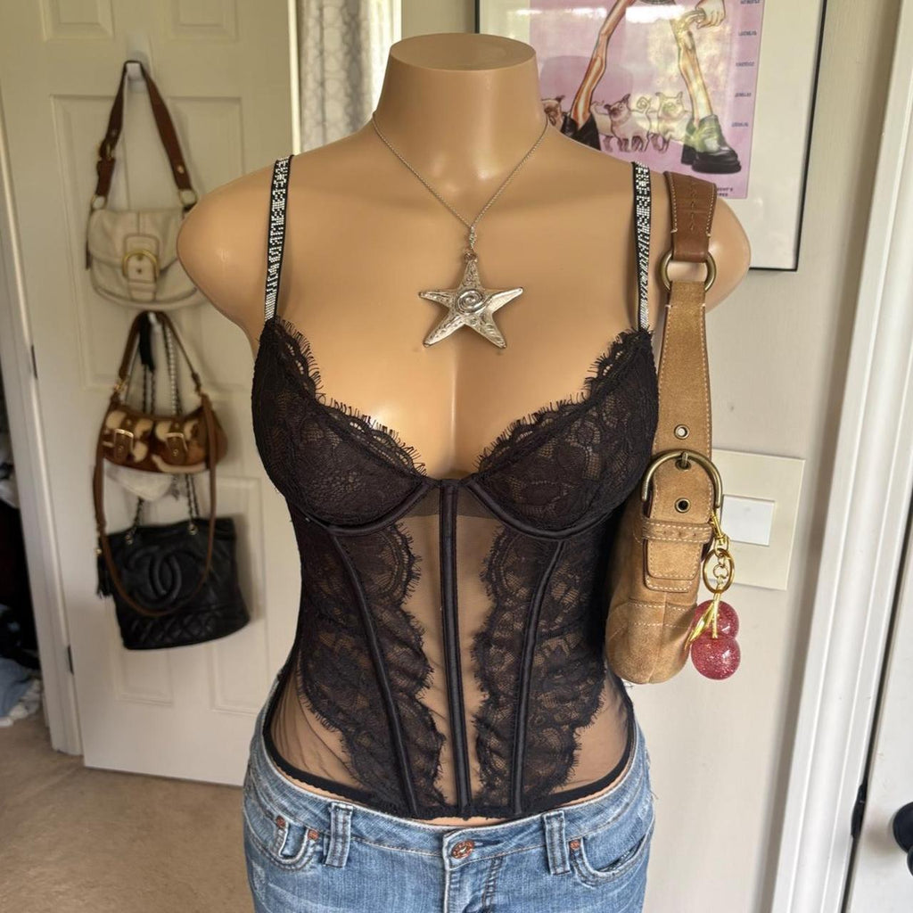Y2K 2000s Victoria’s Secret Black Lace mcbling strap Corset Bustier Top