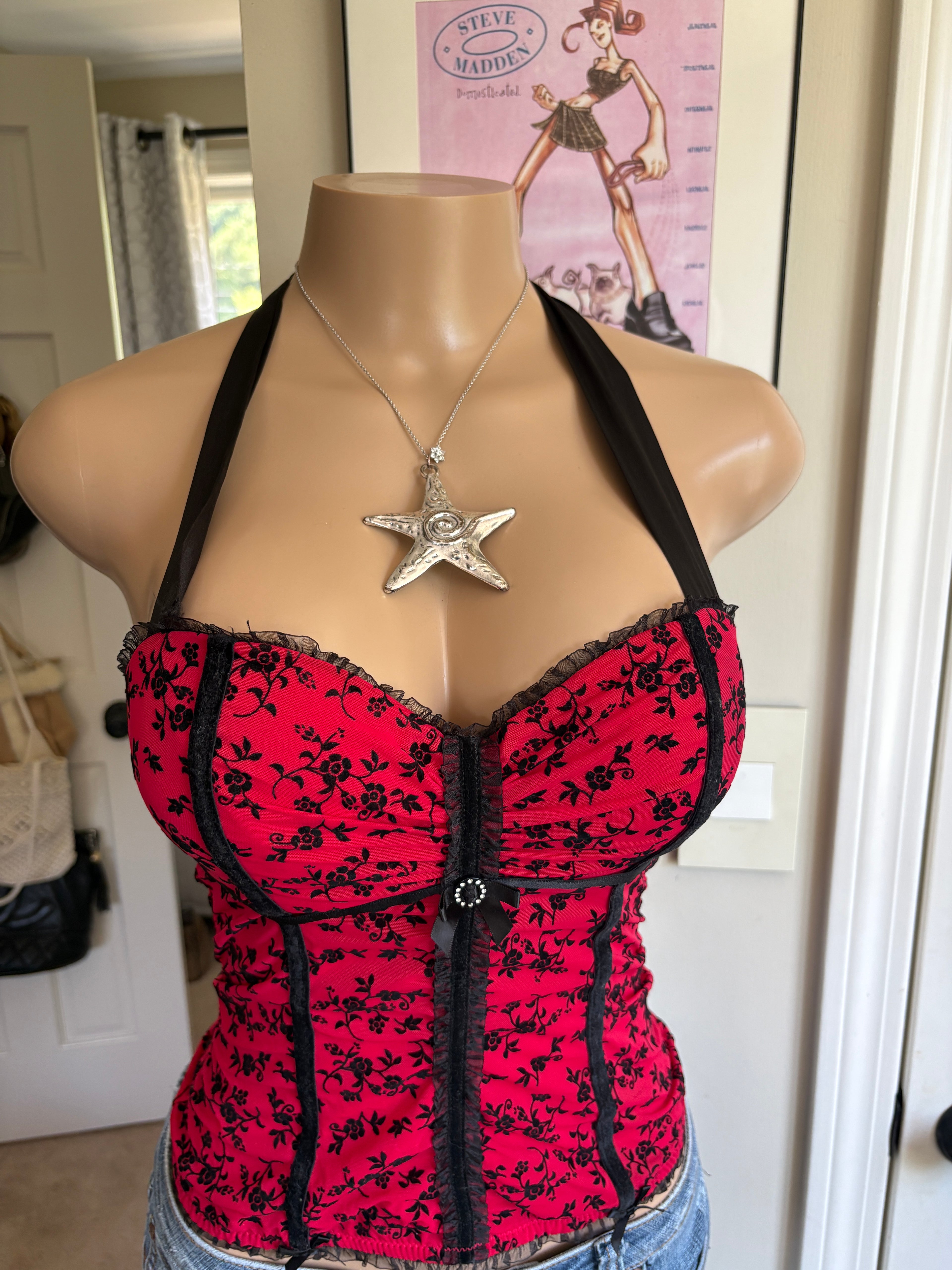 00s red floral halter bustier corset top (size 34B)