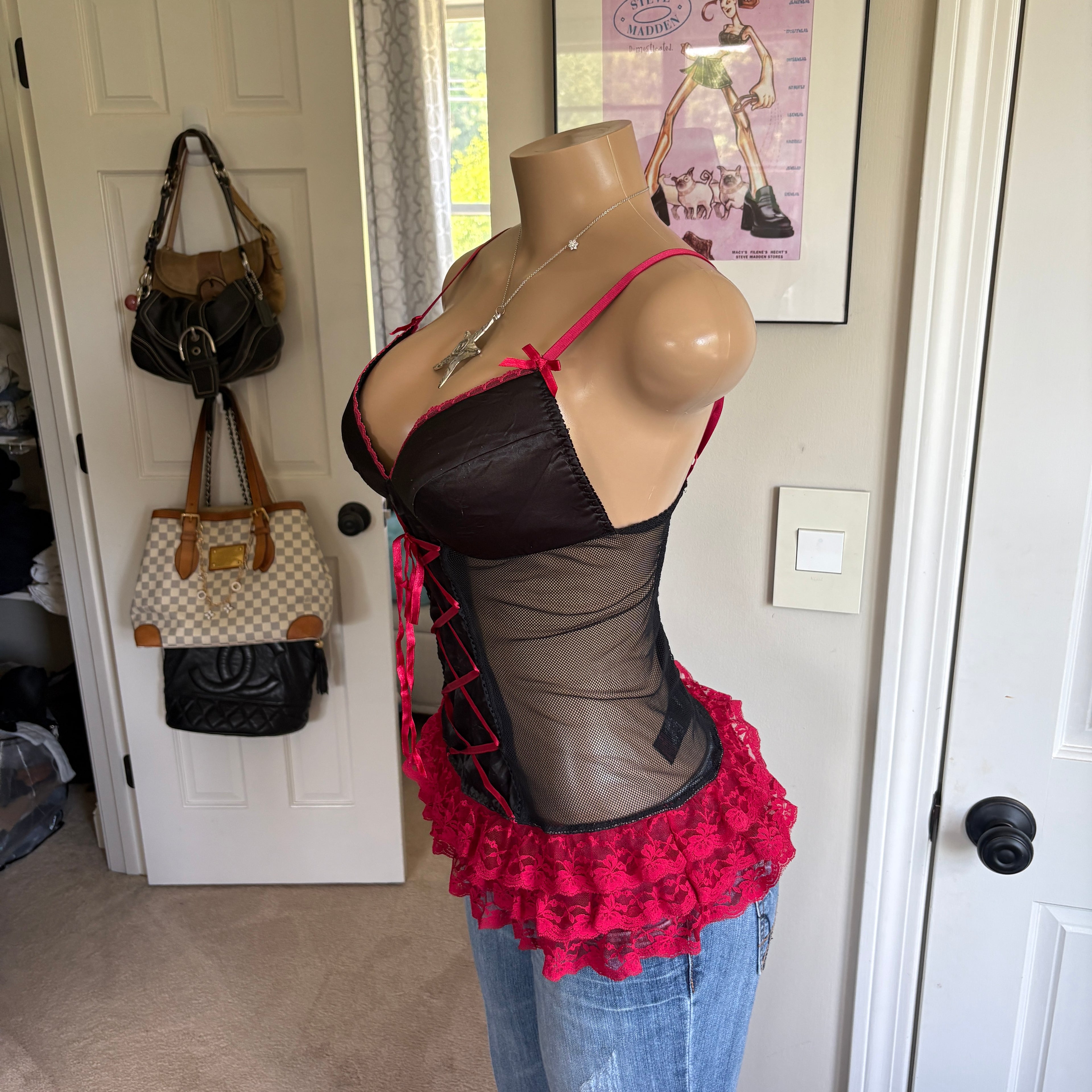 00s black and red lace up lingerie top (size M)