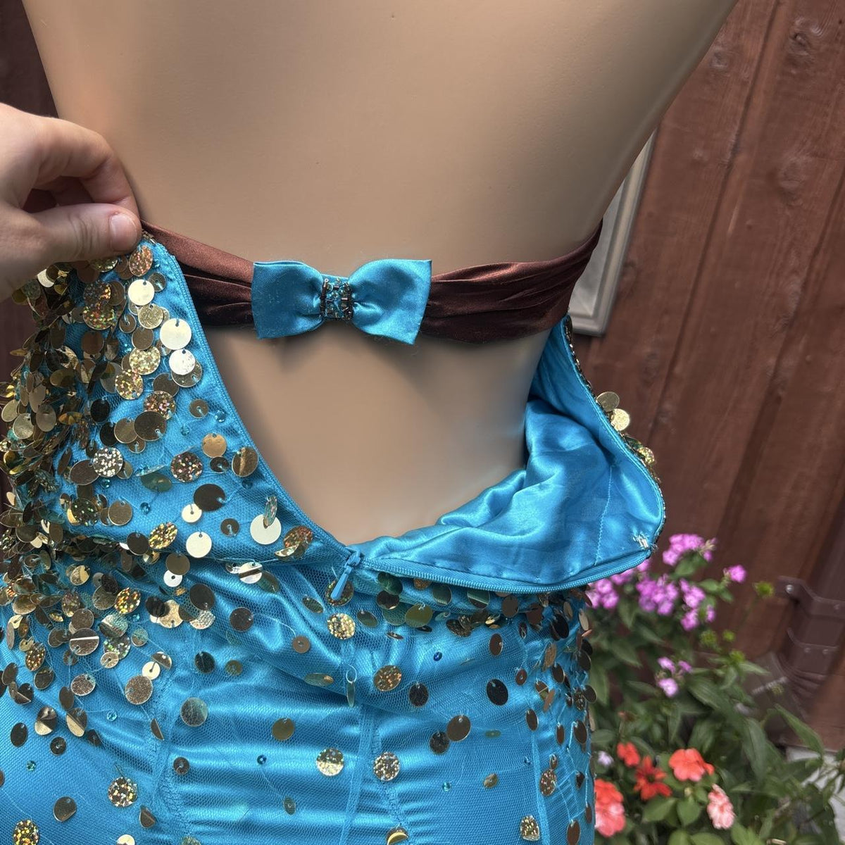 Y2K vintage Night Moves Turquoise Gold Sequin Cutout Maxi Prom Dress