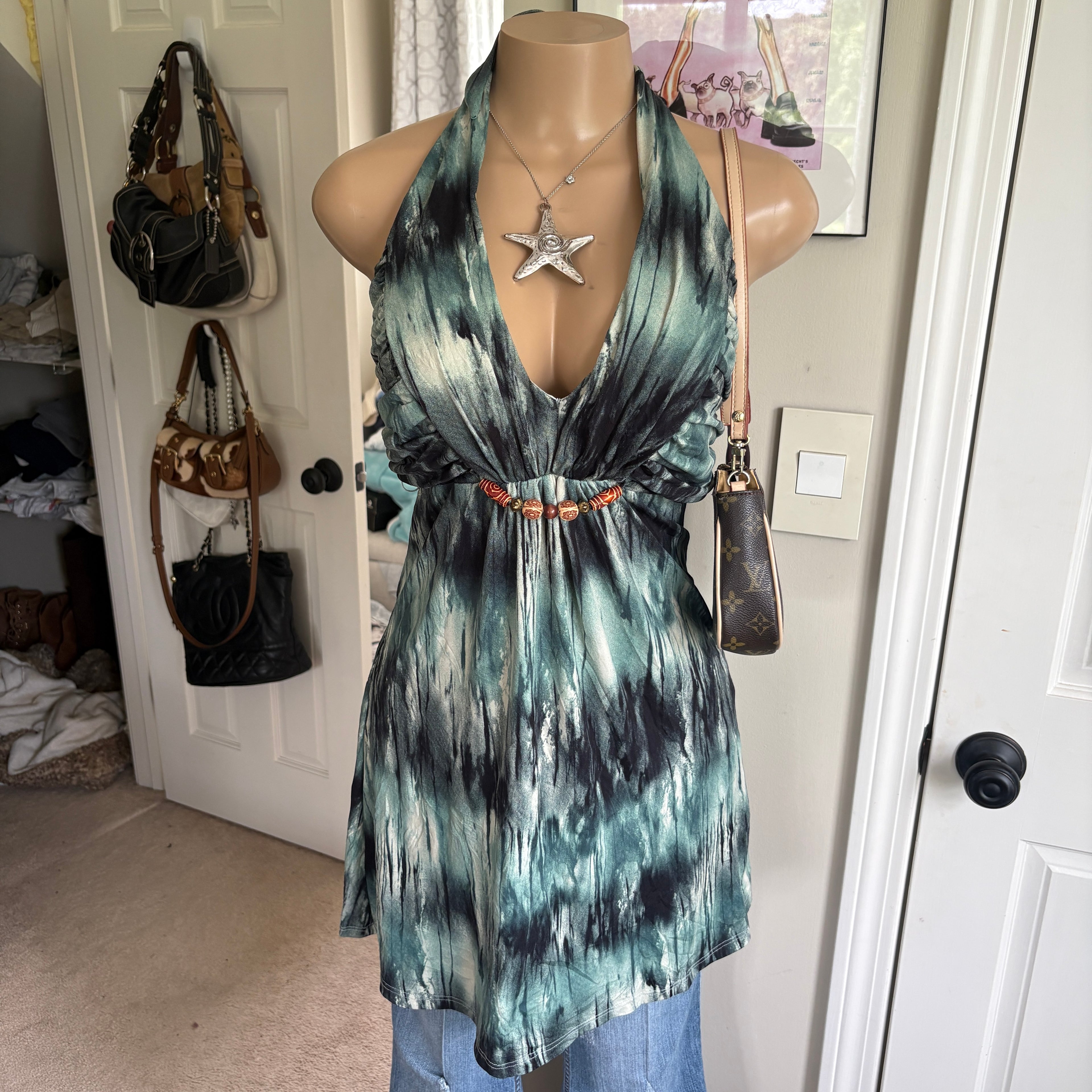 00s unique blue printed halter dress (size M)