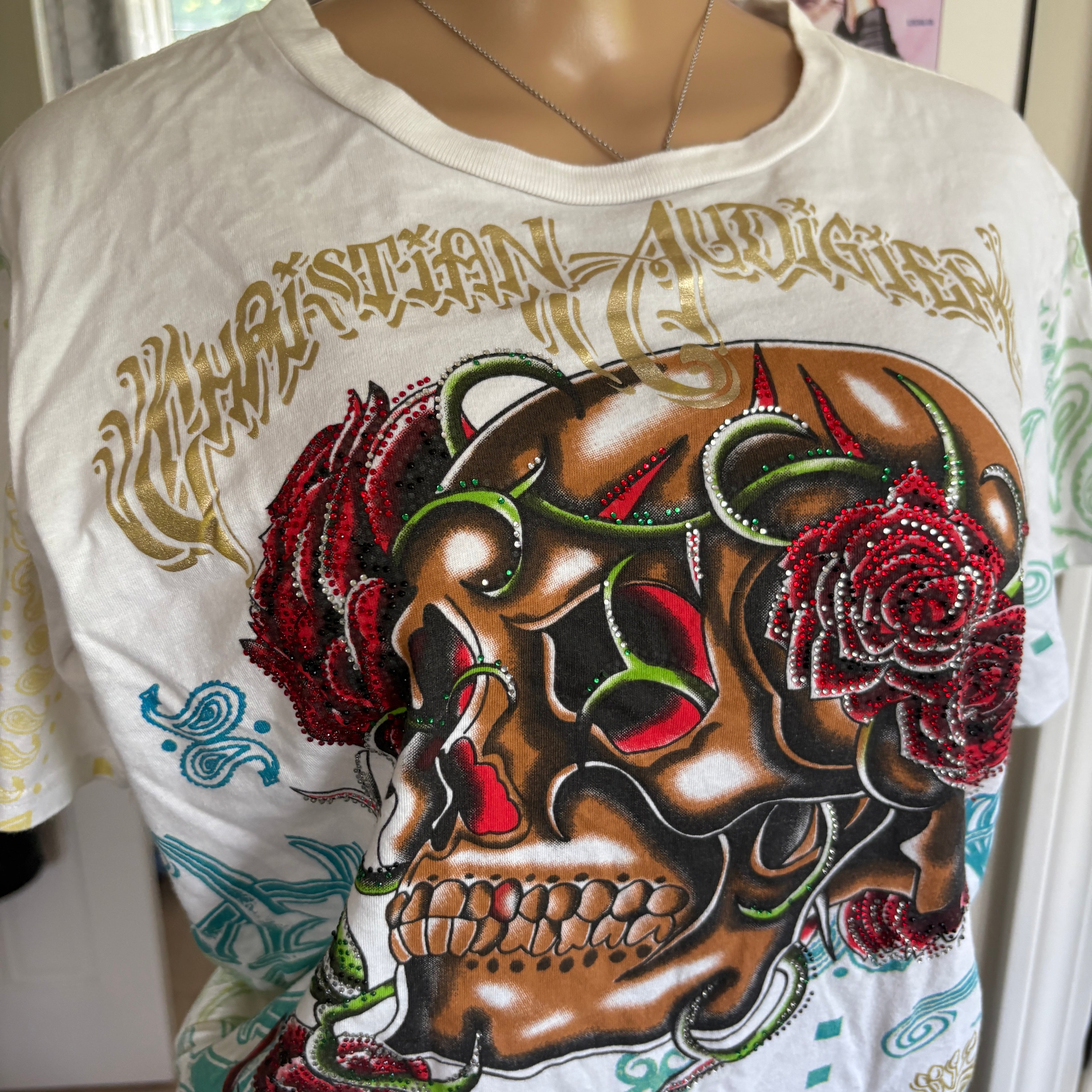 00s Christian Audigier skull spellout t shirt (size L)