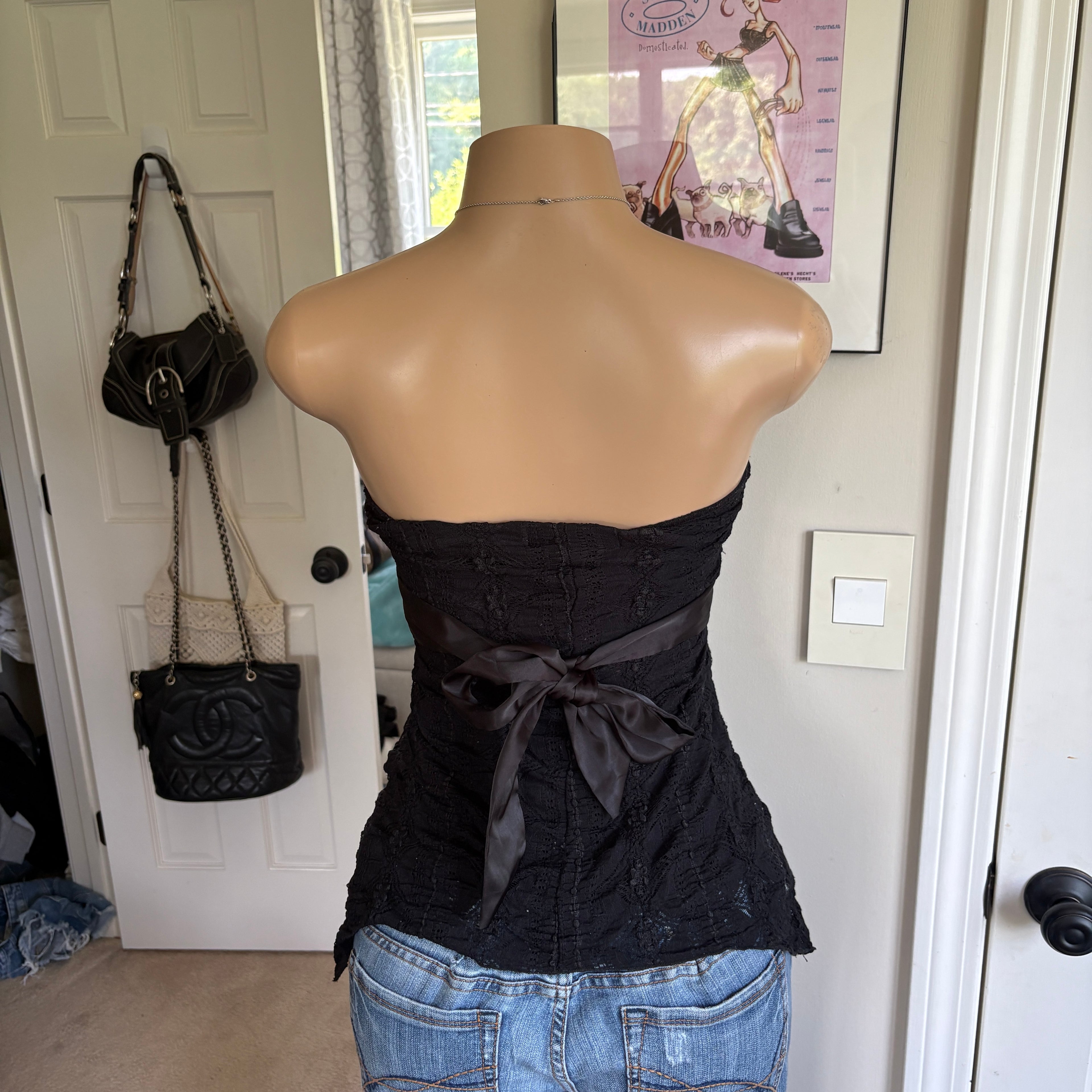 00s black floral lace tie back strapless top (size S)