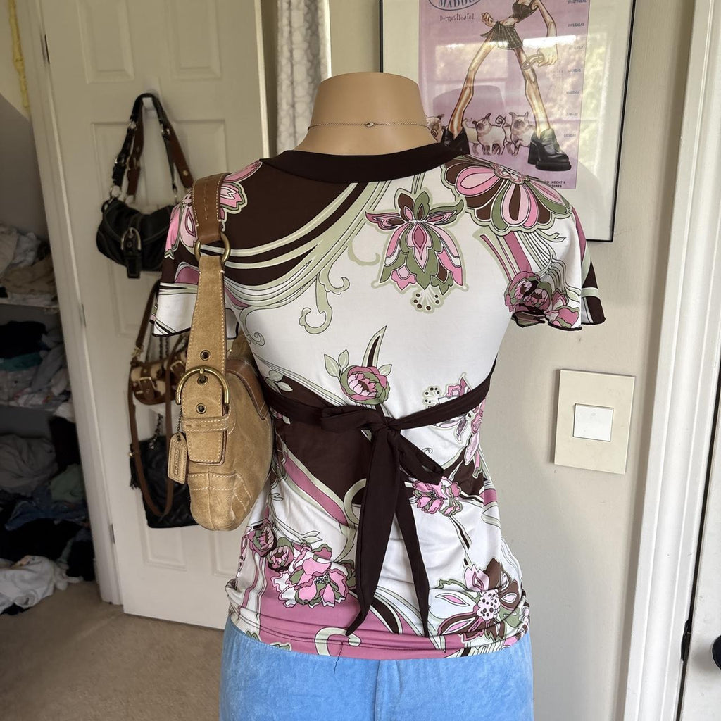 y2k 2000s avant garde brown pink floral tie back babydoll top