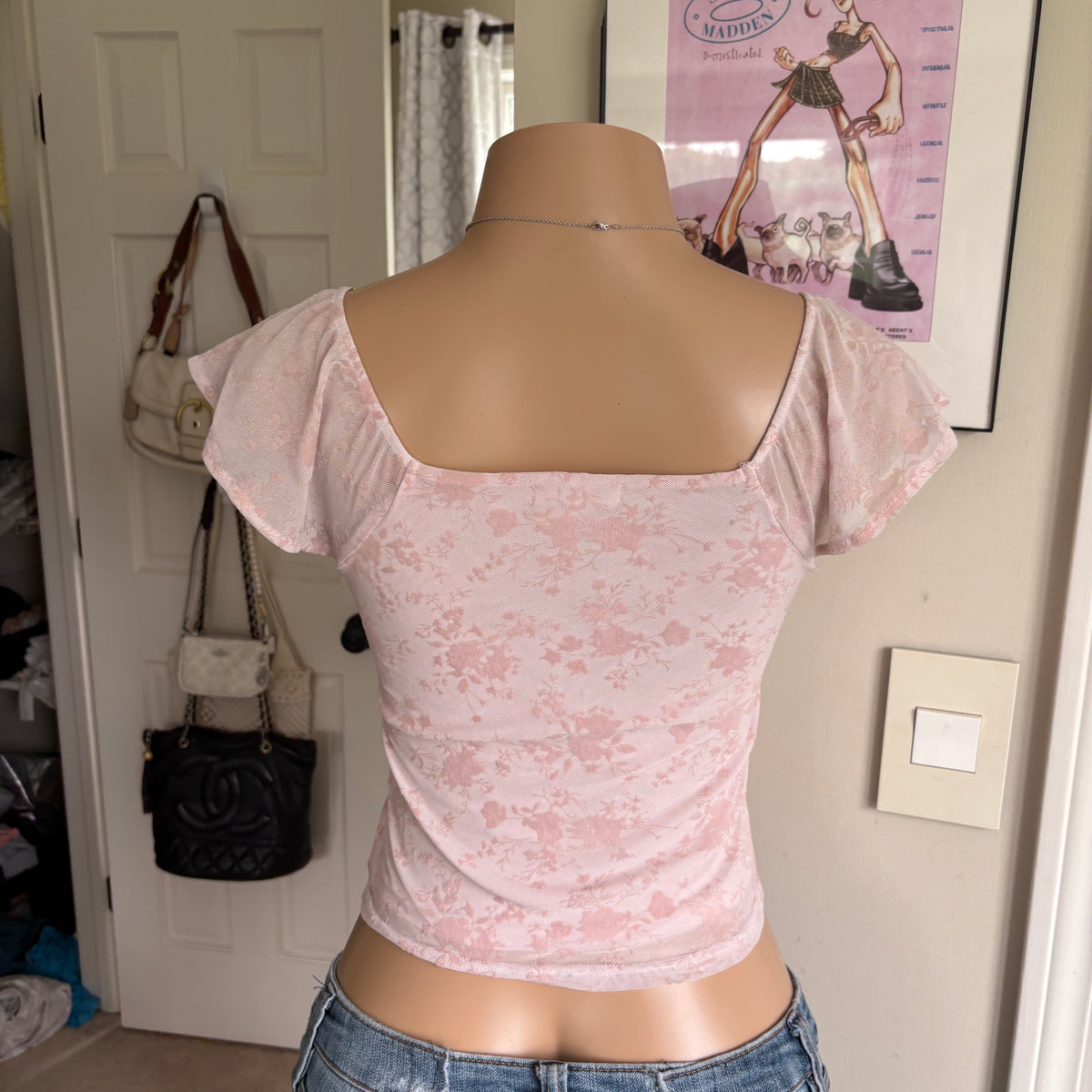 00s baby pink floral bow top (size XS)