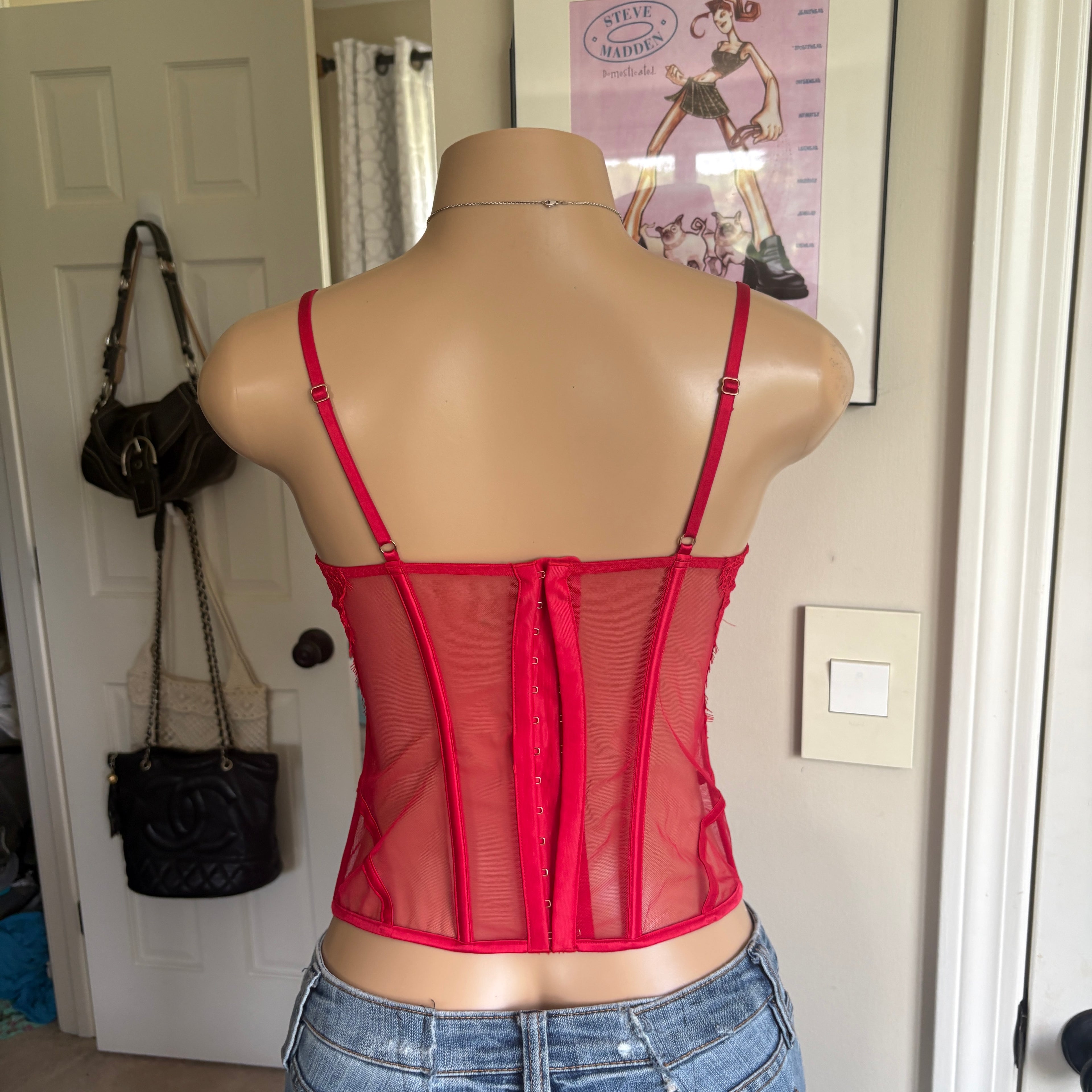 00s red lace up bustier corset top (size S)