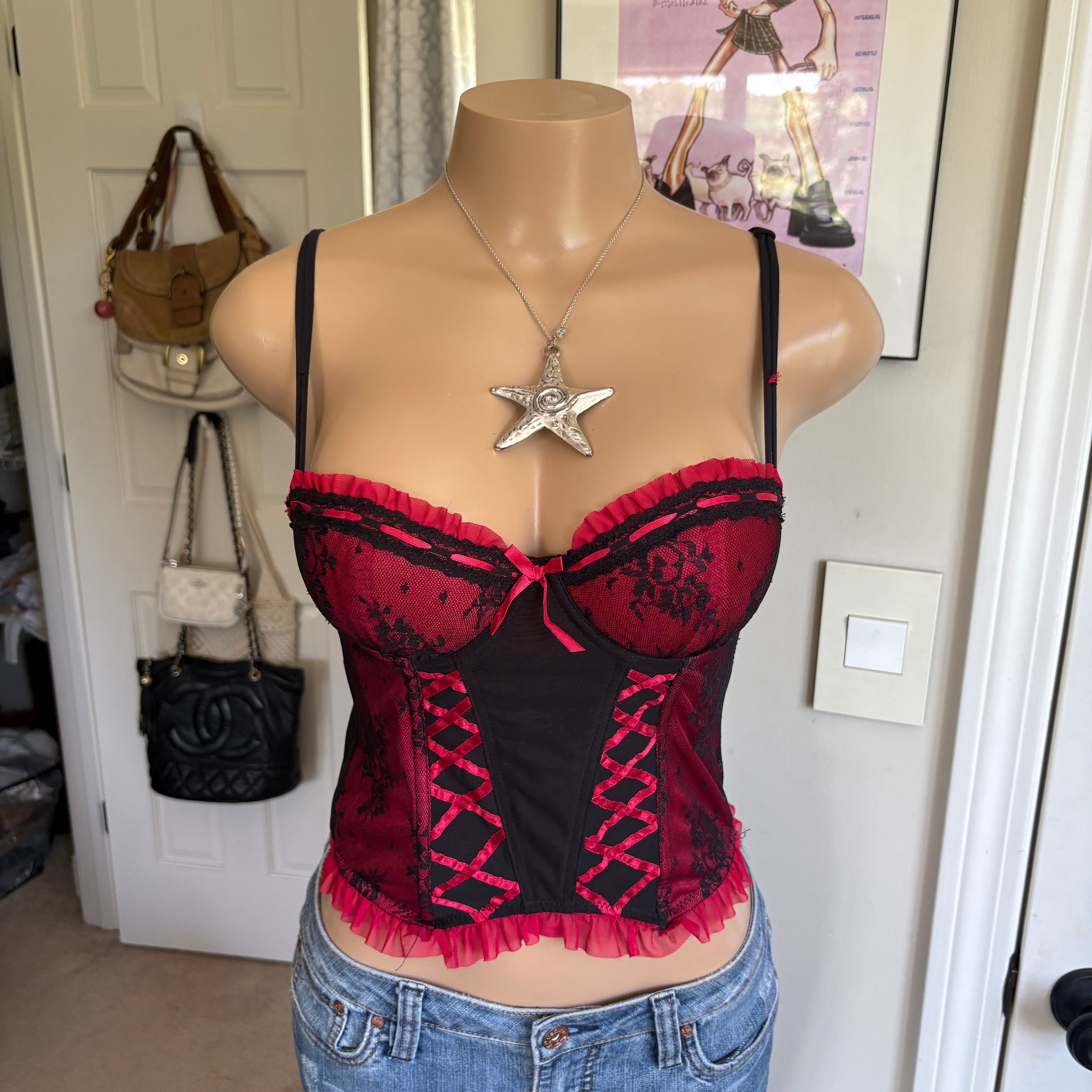 00s red & black lace floral corset top (size 34B)