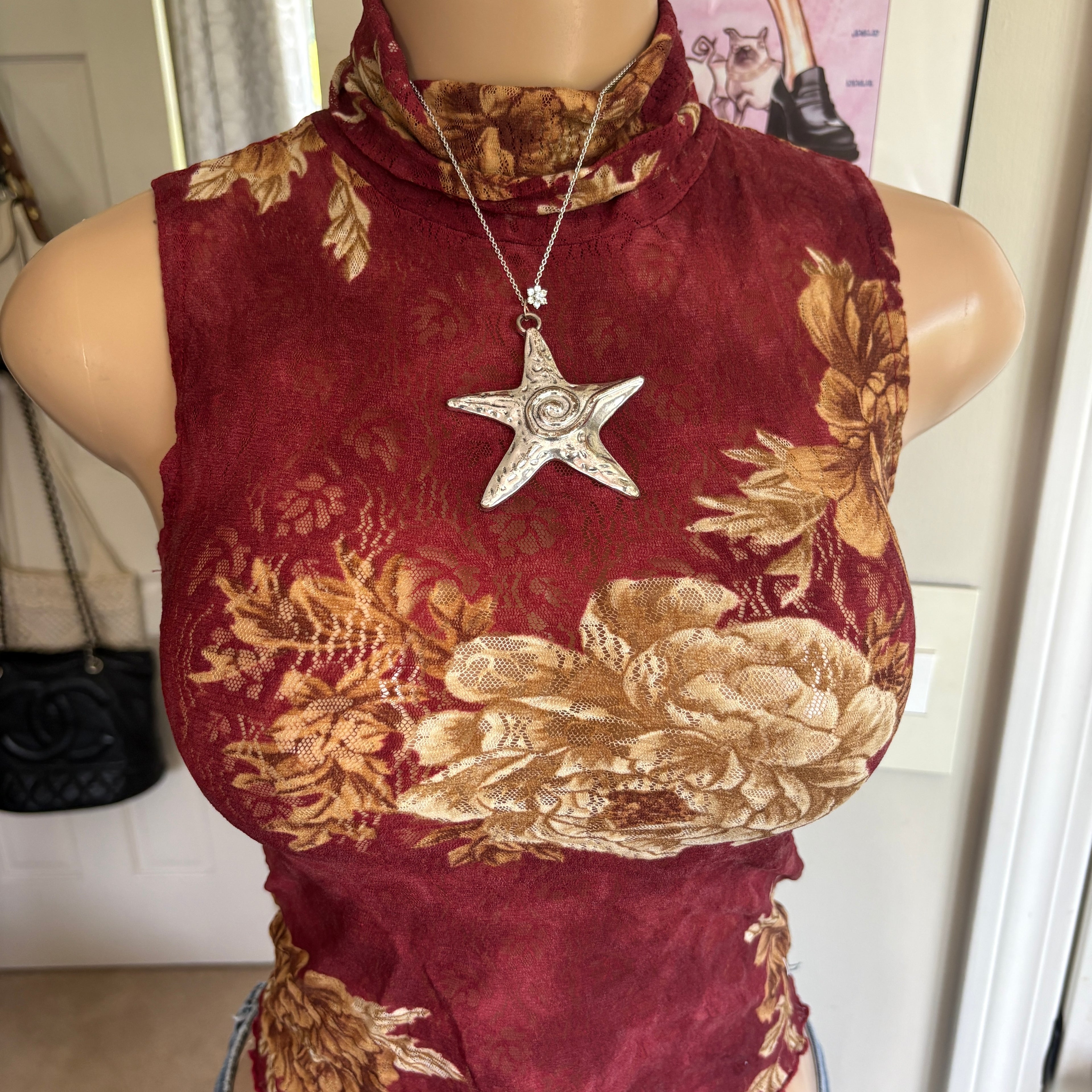 00s italian red floral turtleneck tank top (size S)