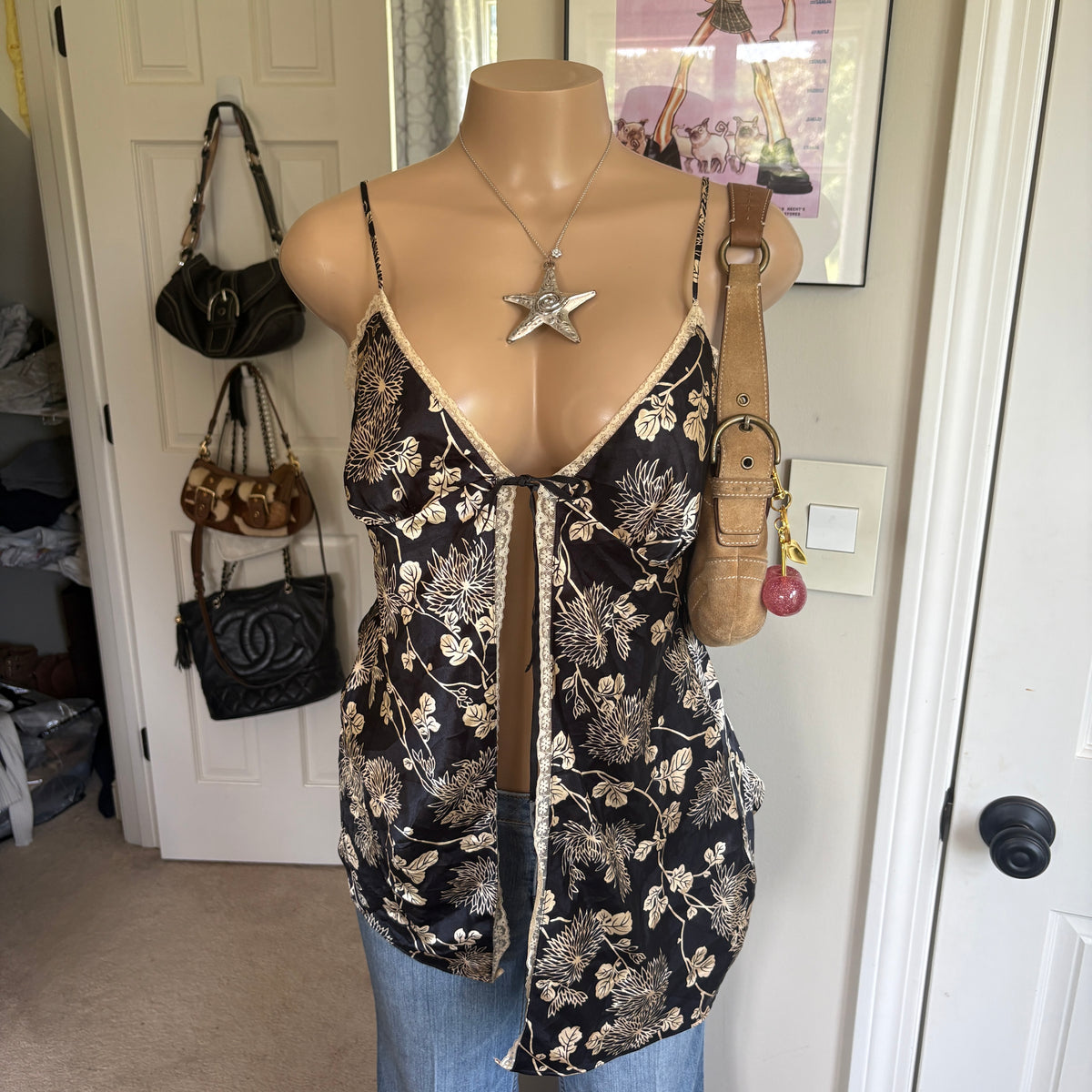 00s Victoria's Secret black floral open center cami (size M)
