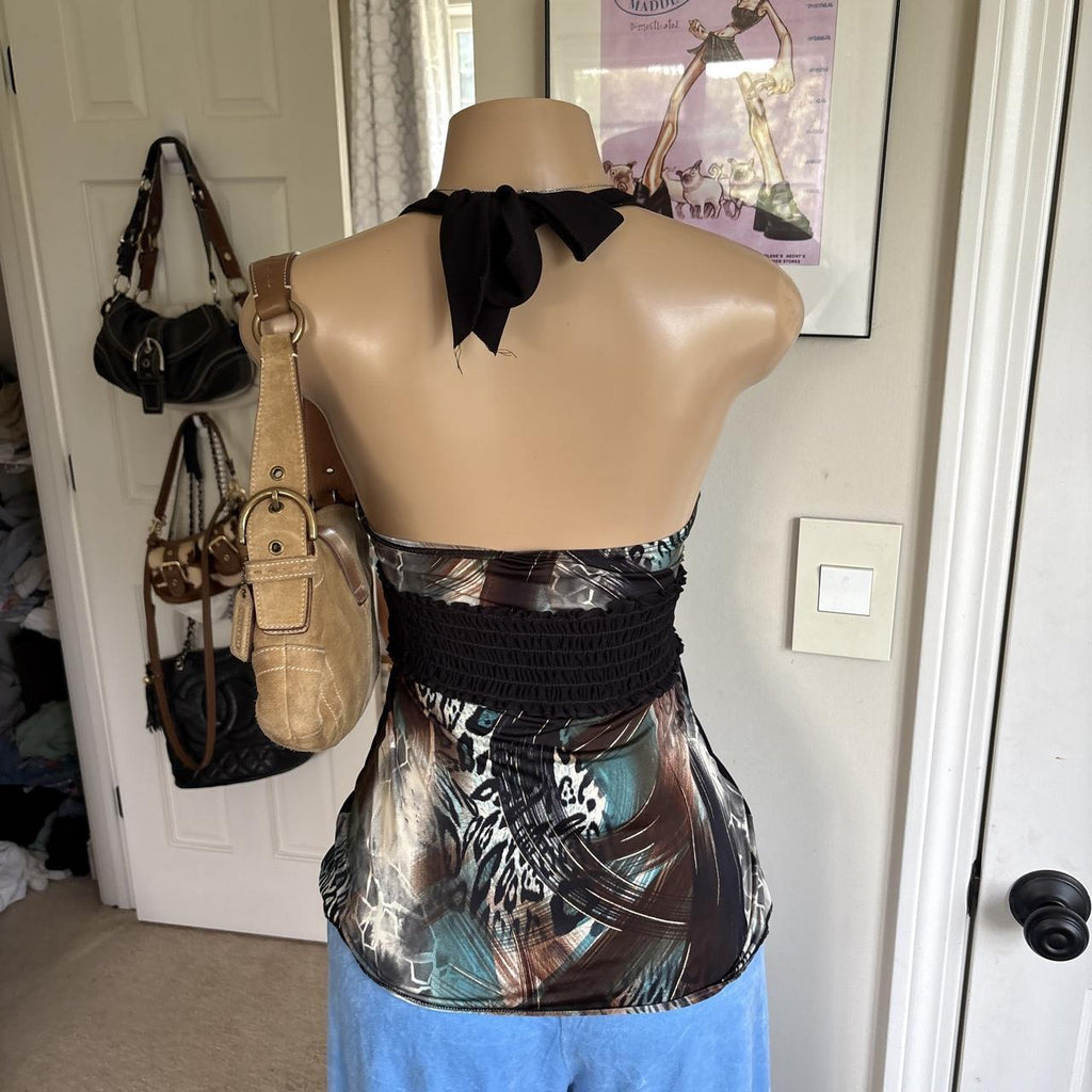 y2k 2000s avant garde animal print plunge halter top