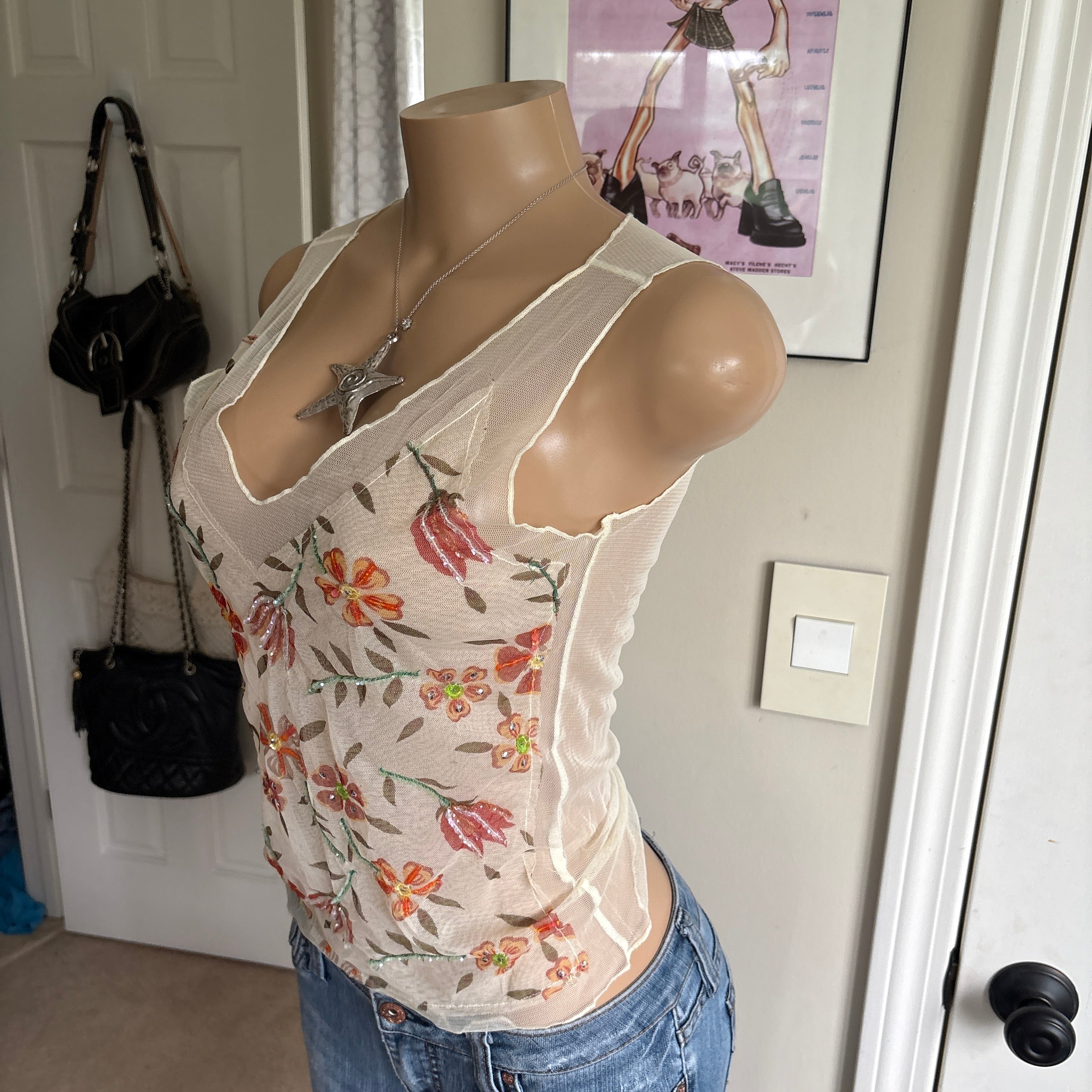 00s sheer floral beaded mesh tank top (size M)
