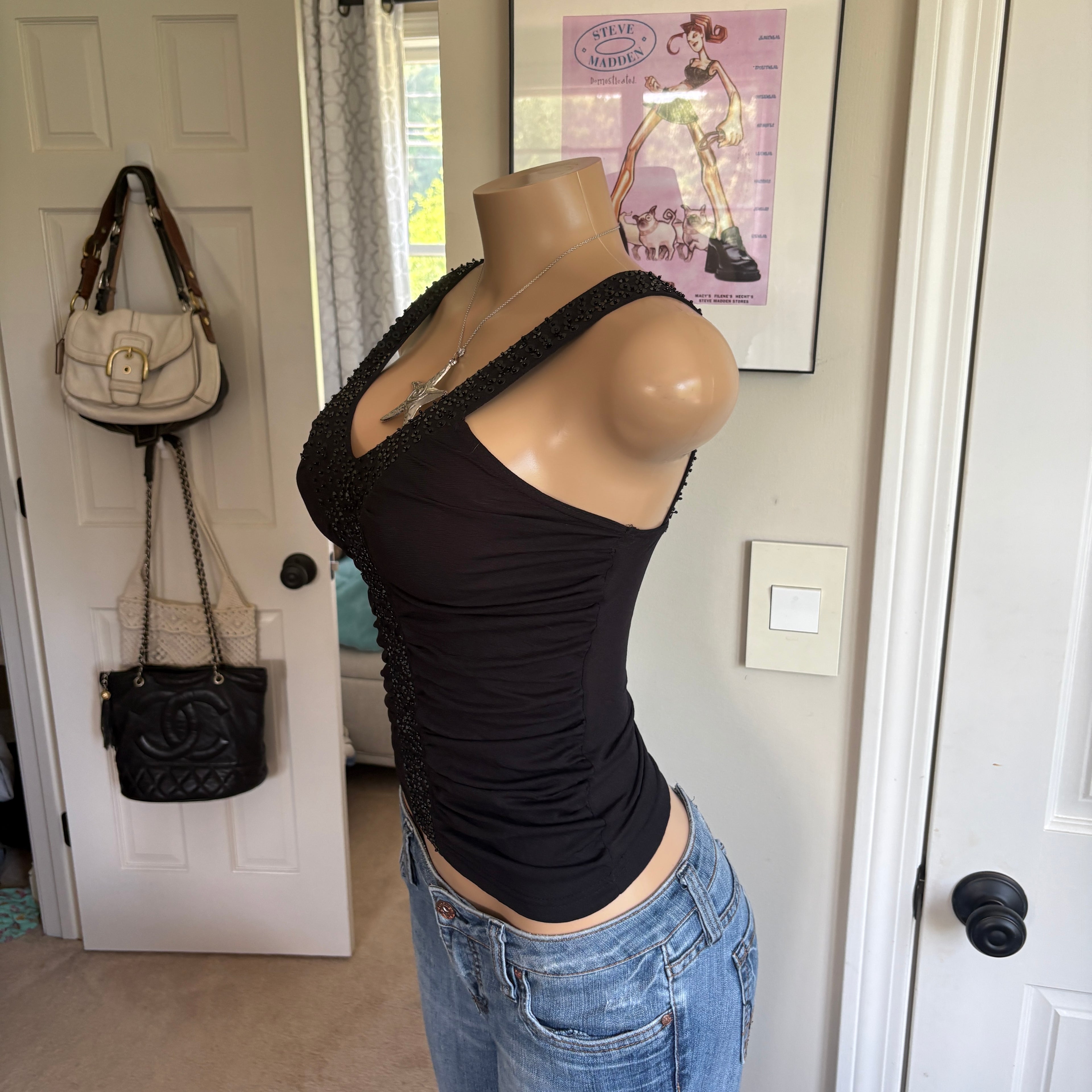 00s black sequin v neck tank top (size S)