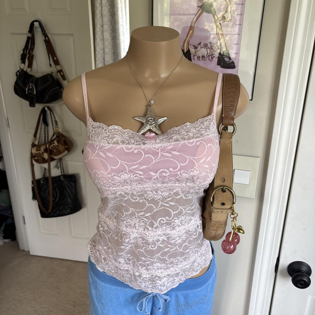 y2k 2000s pink sheer floral lace bow cami top