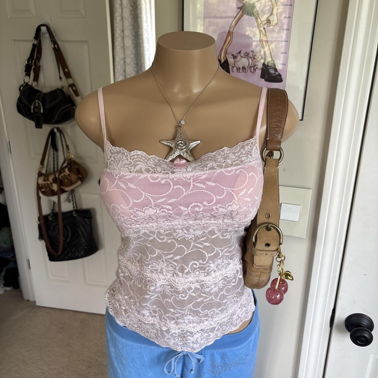 y2k 2000s pink sheer floral lace bow cami top