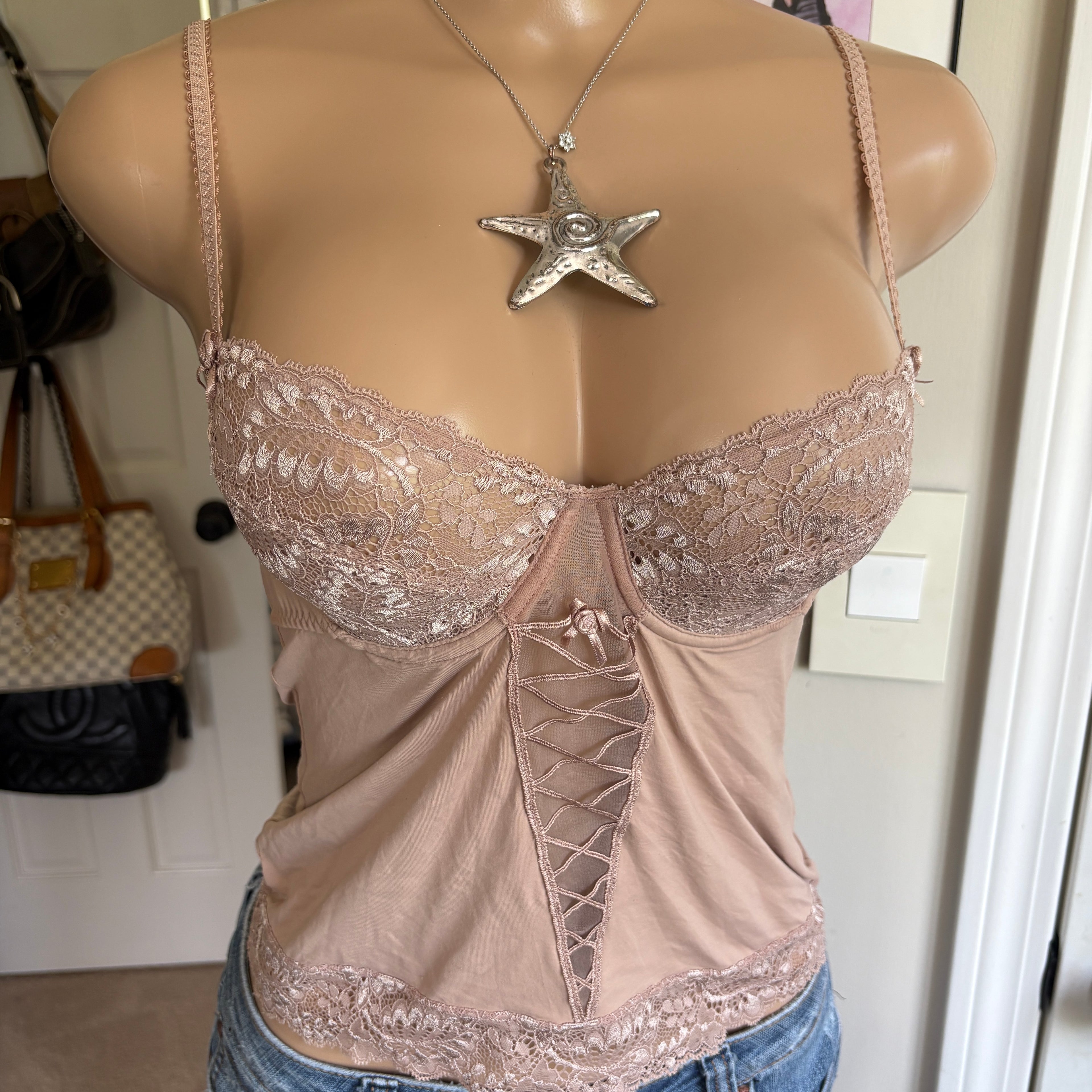 00s tan lace floral bustier cami top (size S)