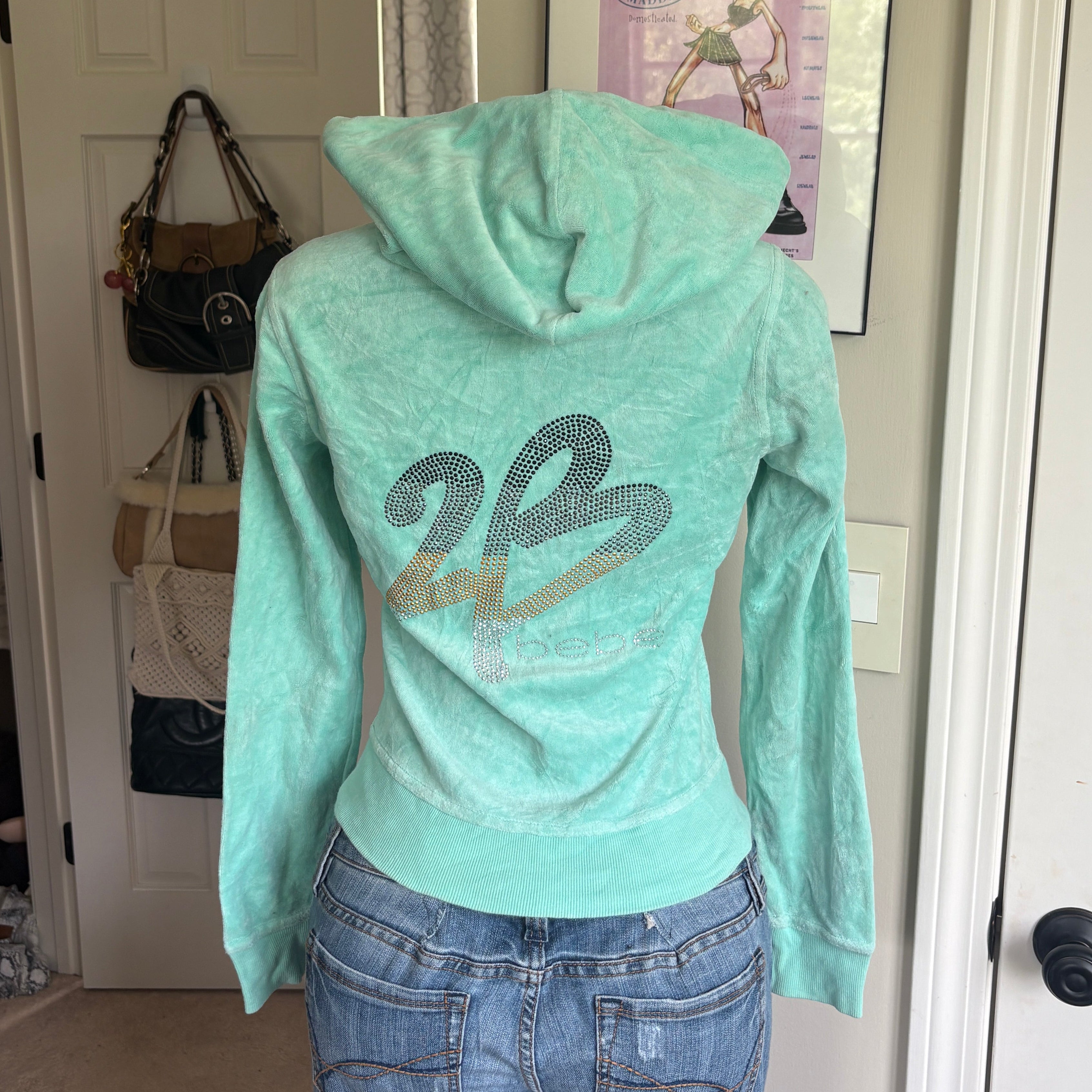 00s Bebe blue velour spellout zip hoodie (size S)