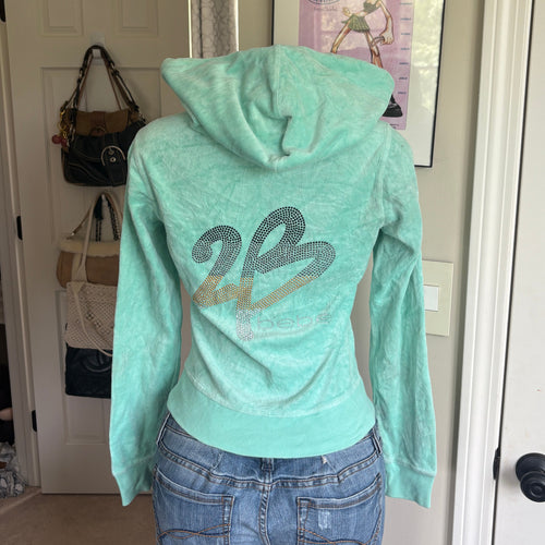00s Bebe blue velour spellout zip hoodie (size S)