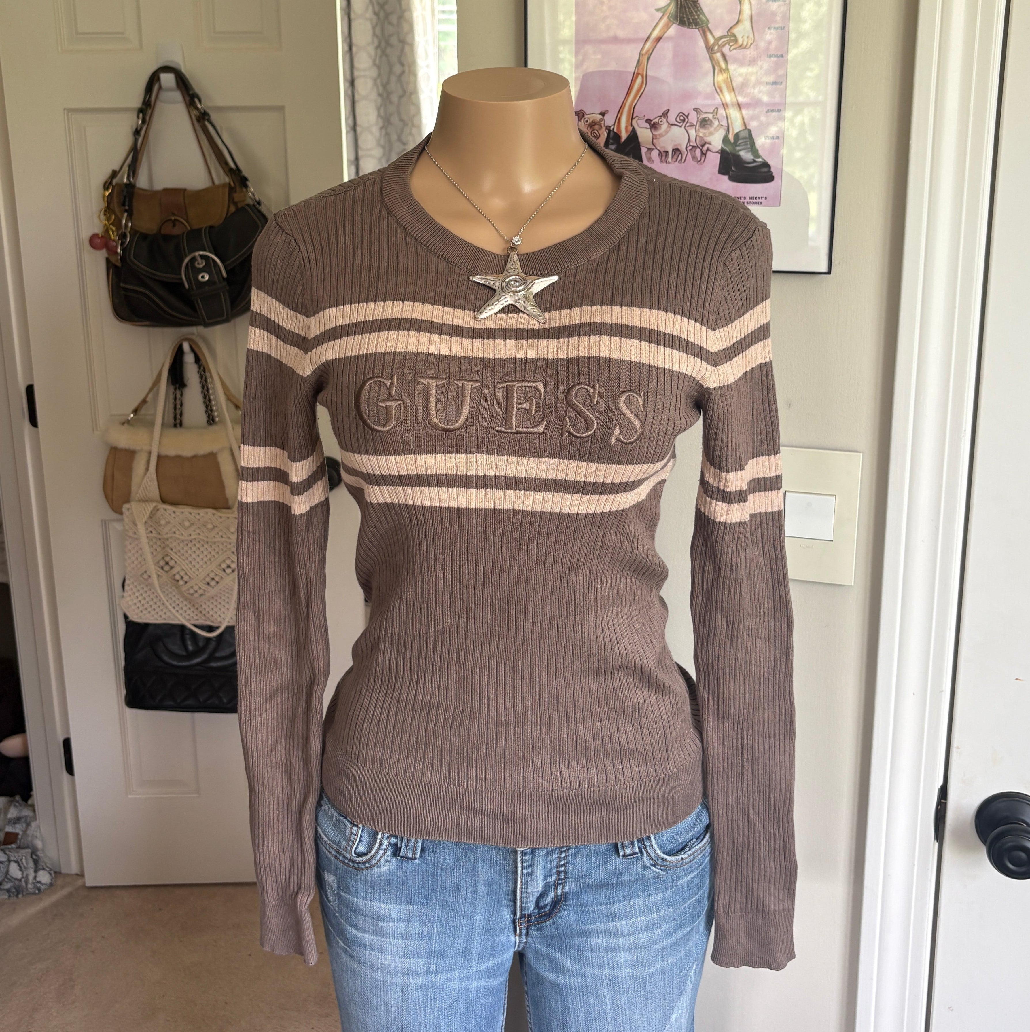 00s Guess spellout brown striped sweater (size M)